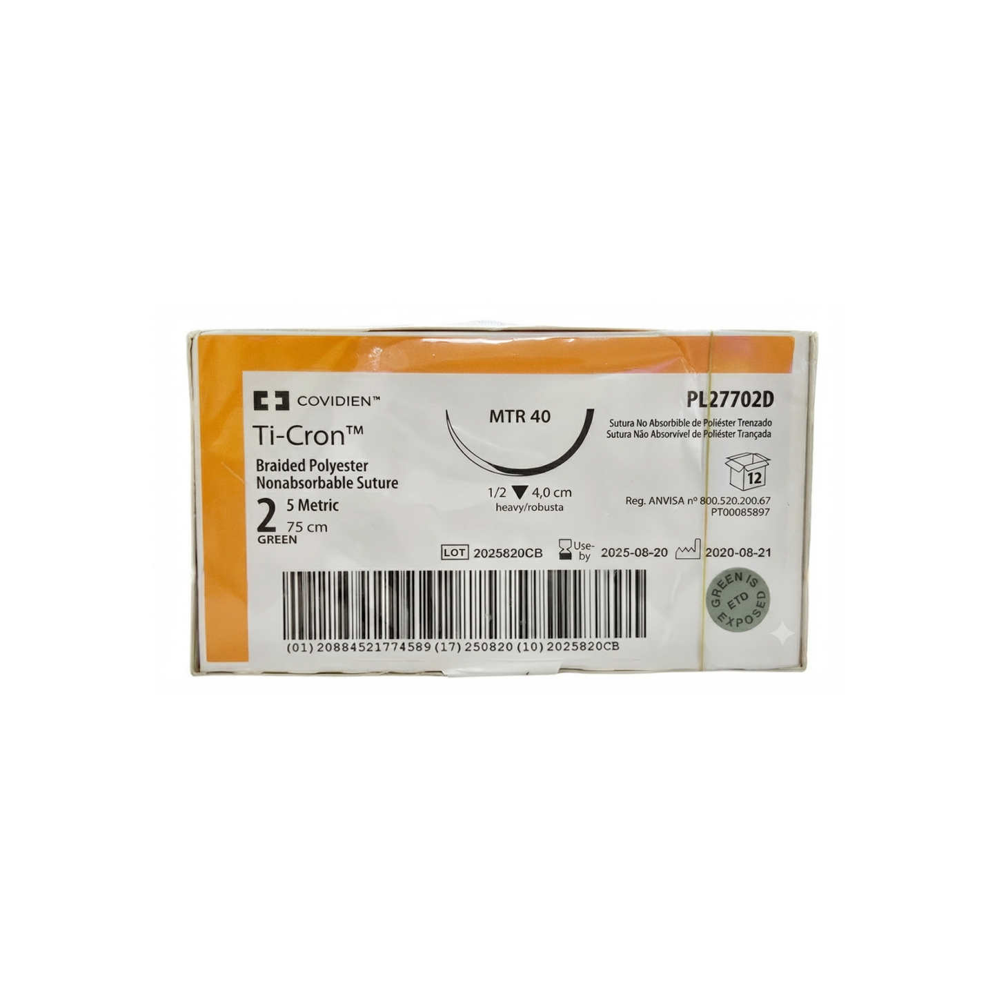 POLIESTER TI-CRON #2 AGUJA CORTANTE ROBUSTA DE 40 MM HEBRA DE 75 CM COVIDIEN CAJA CON 12 PIEZAS
