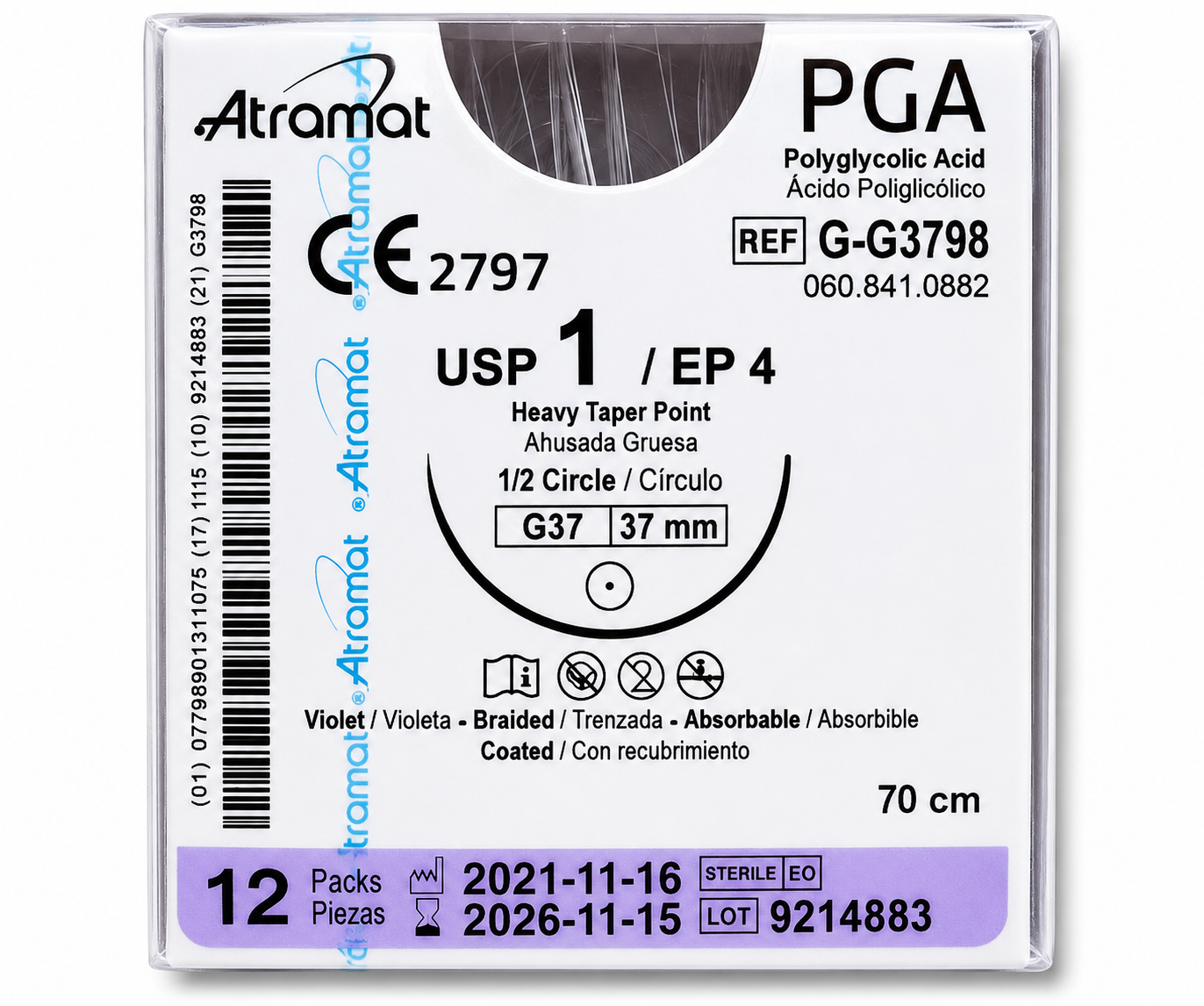 Sutura Ácido Poliglicólico 1, Aguja 1/2 círculo ahusada gruesa 37 mm, Hebra 70 cm, Marca Atramat, Caja con 12 piezas