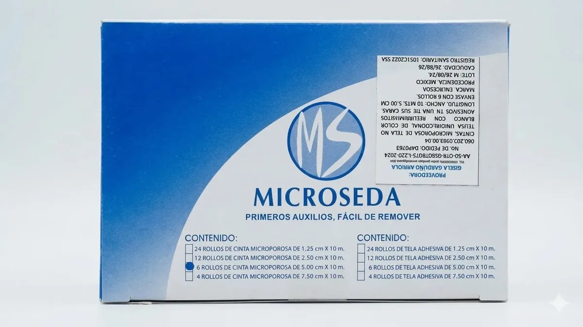 CINTA ADHESIVA MICROPOROSA HIPOALERGENICA 5CM X 10 MTS MICROSEDA CAJA CON 6 ROLLOS