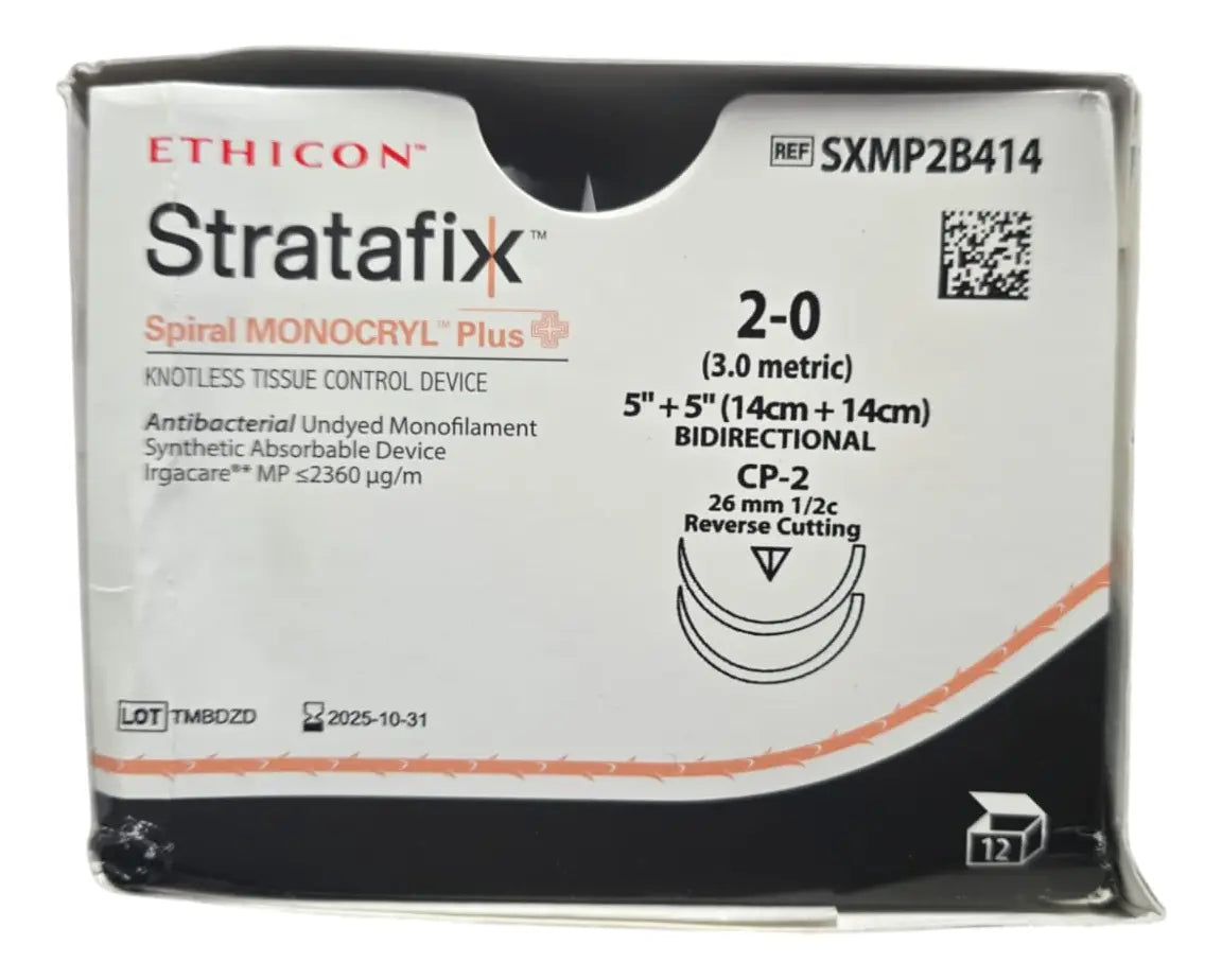 Sutura Stratafix 2-0, Espiral Monocryl Antibacterial, Aguja 1/2 círculo reverso cortante 26 mm, Caja con 12 piezas