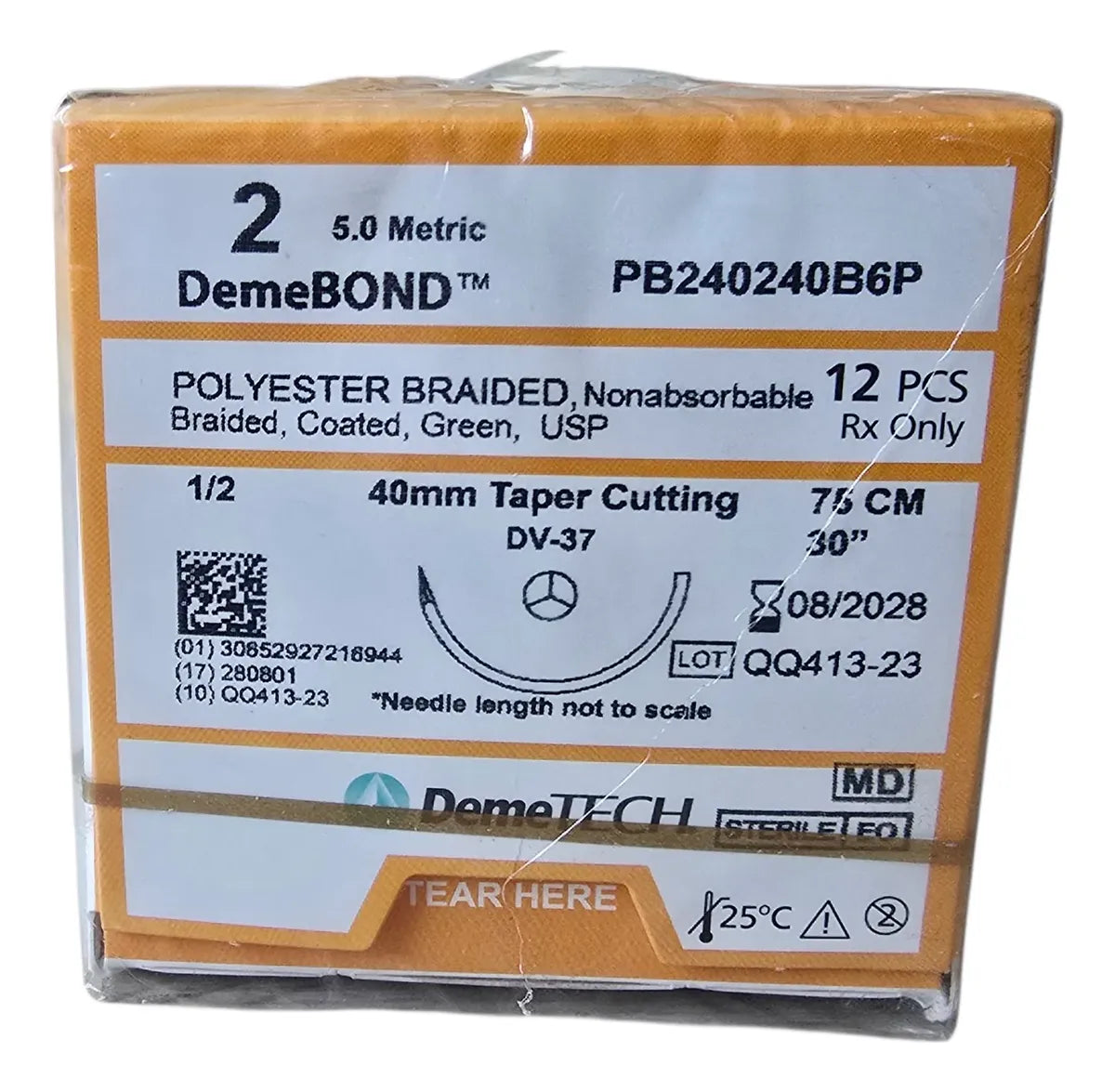 Sutura Poliéster Trenzado 2-0, Aguja 1/2 círculo taper cutting 40 mm, Hebra 75 cm, Marca Demetech, Caja con 12 piezas