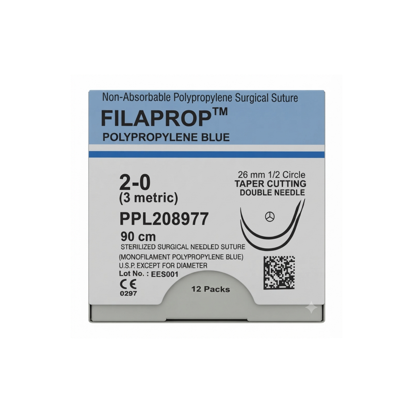 hilo Polipropileno 2-0, Aguja doble curva 26 mm, Hebra 90 cm, Marca FILAPROP, Caja con 12 piezas