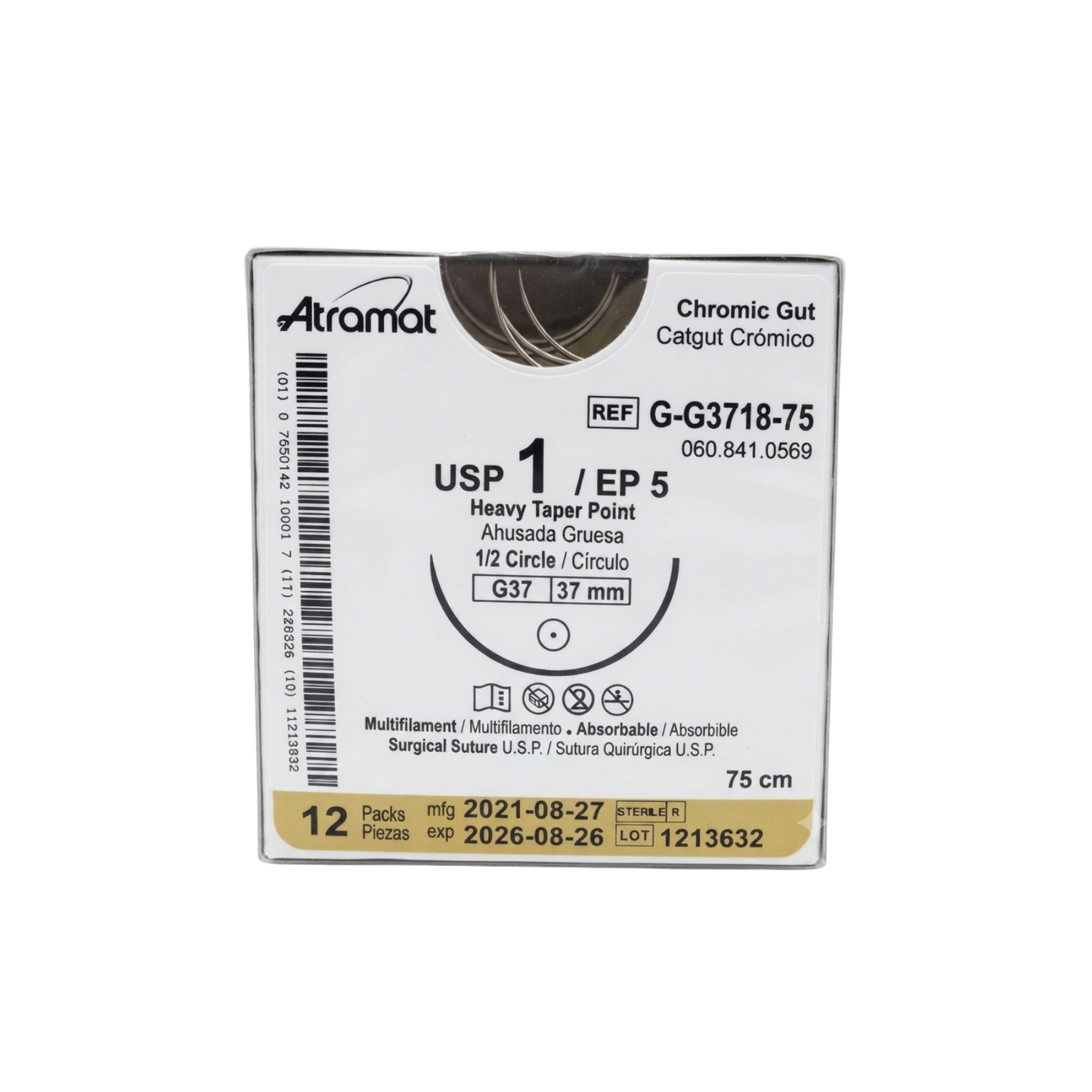 hilo Catgut Crómico 1, Aguja ahusada gruesa 1/2 círculo 37 mm, Hebra 75 cm, Marca Atramat, Caja con 12 piezas