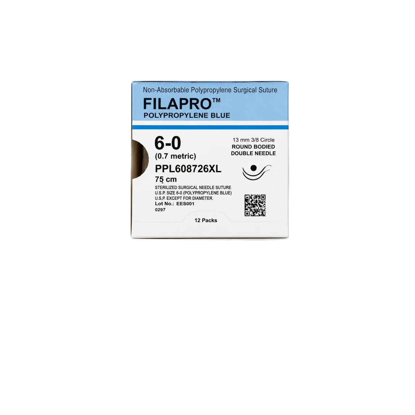 HILO POLYPROPYLENO AZUL CALIBRE 6-0, AGUJA 3/8 DE CIRCULO DOBLE ARMADO 13 MM HEBRA DE 75 CM CAJA CON 12 PIEZAS