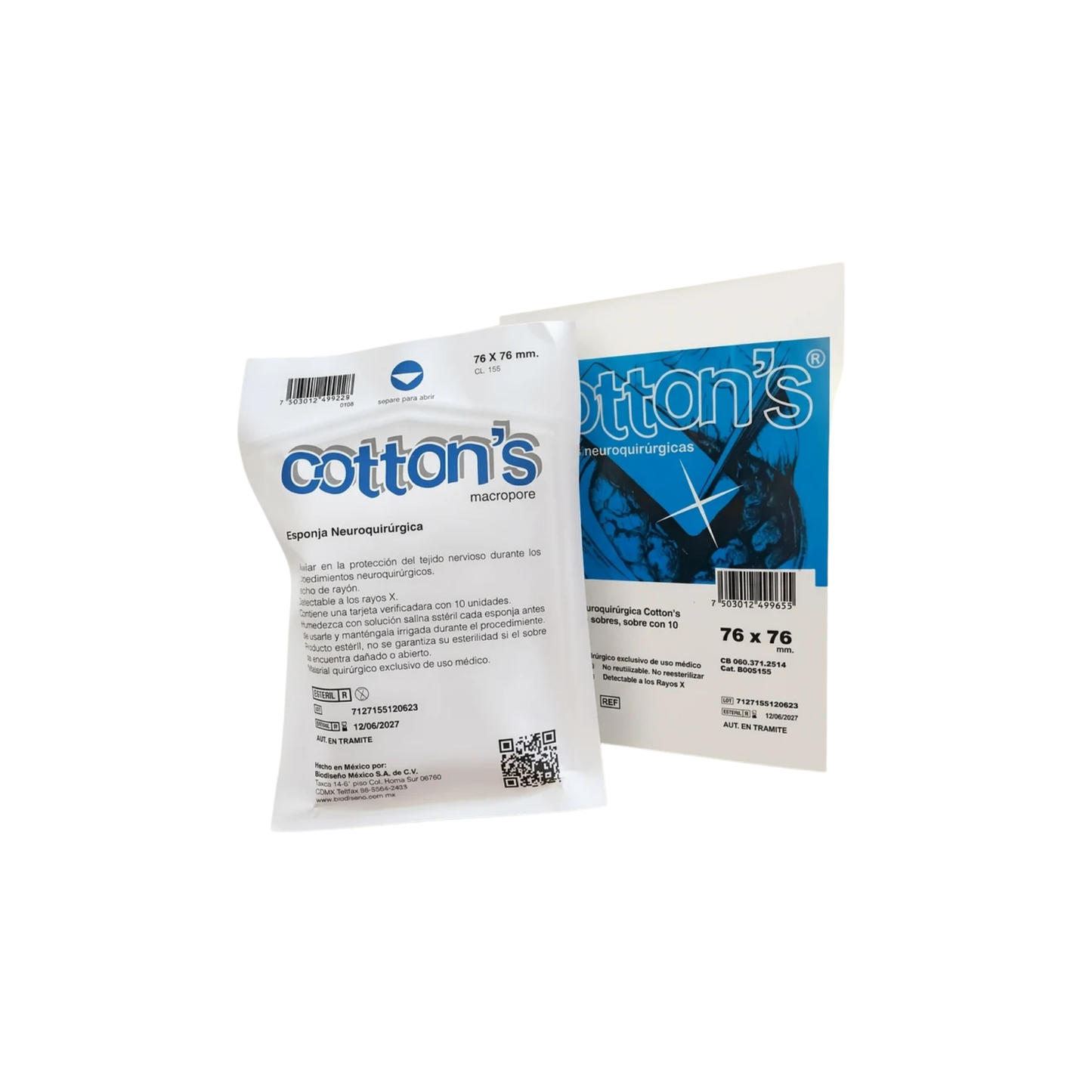 ESPONJA NEUROQUIRÚRGUCA COTTON´S CAJA CON 10 SOBRES, SOBRE CON 10 UNIDADES. 76 X 76 MM