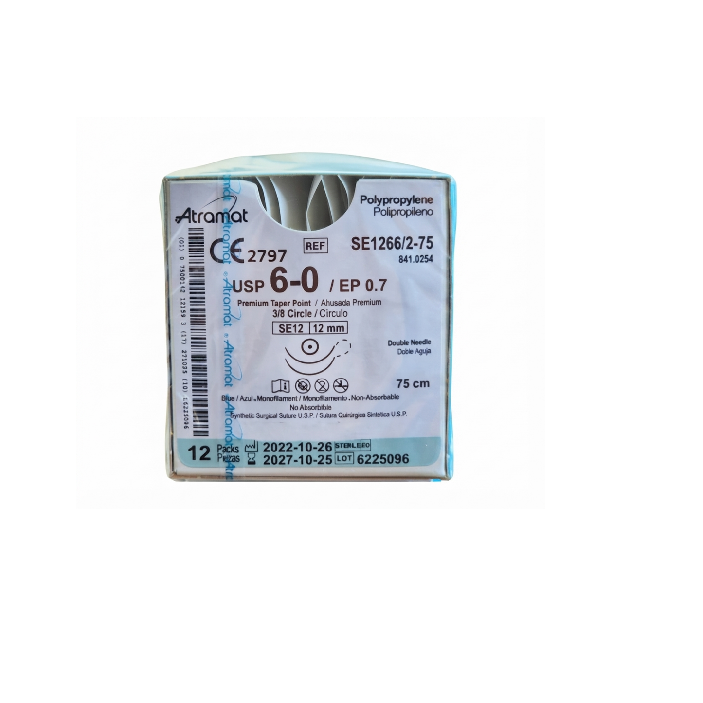 Hilo Polipropileno 6-0, Doble armado, Aguja 3/8 círculo ahusada premium 12 mm, Hebra 75 cm, Marca Atramat, Caja con 12 piezas