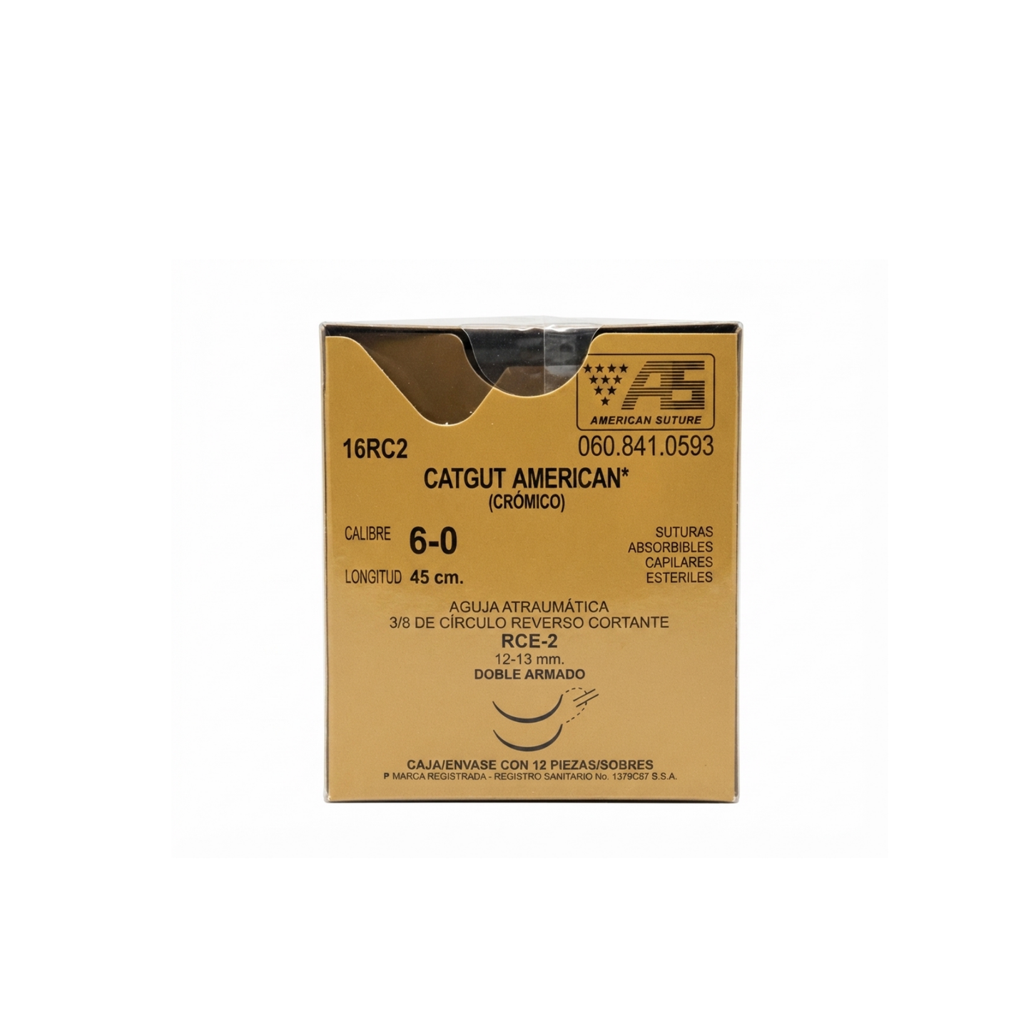 Hilo Catgut Crómico 6-0, Doble aguja 3/8 círculo reverso cortante 13 mm, Hebra 45 cm, Marca American, Caja con 12 piezas