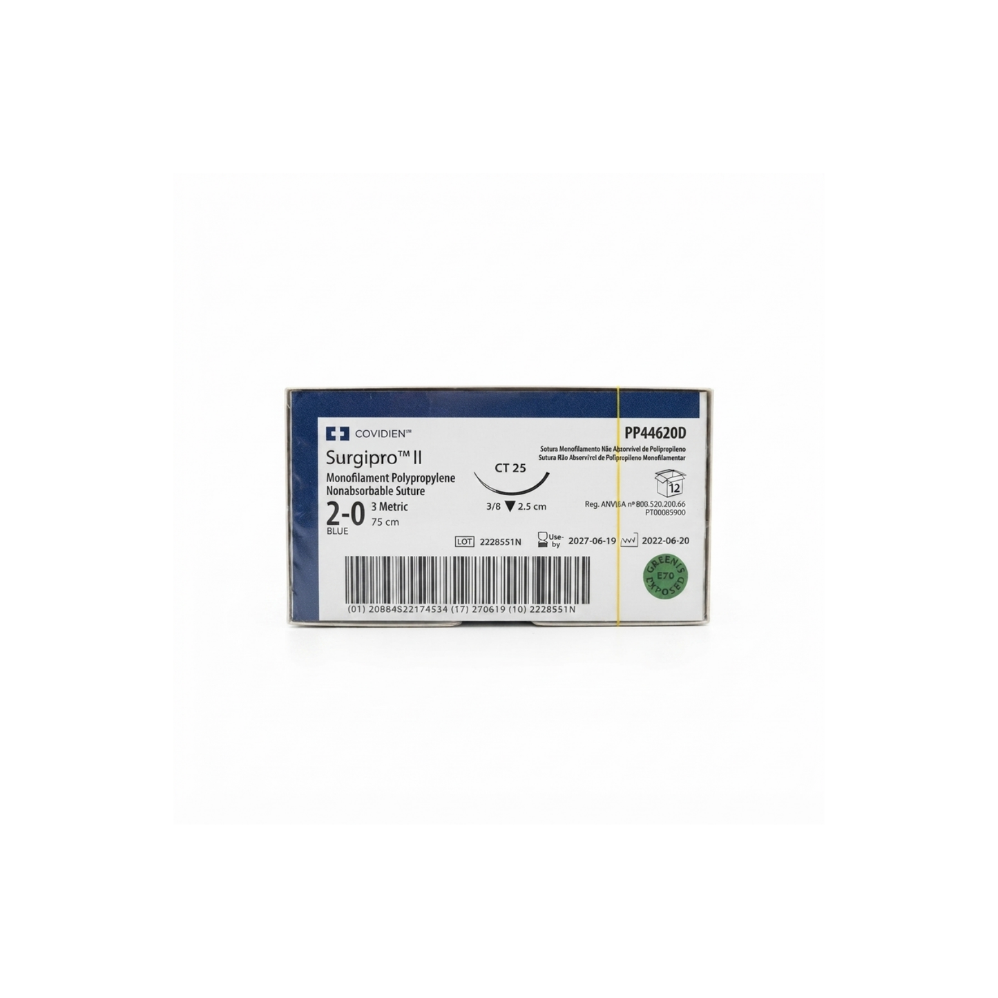Hilo Polipropileno 2-0, Aguja 3/8 círculo cortante 25 mm, Hebra 75 cm, Marca Covien, Caja con 12 piezas