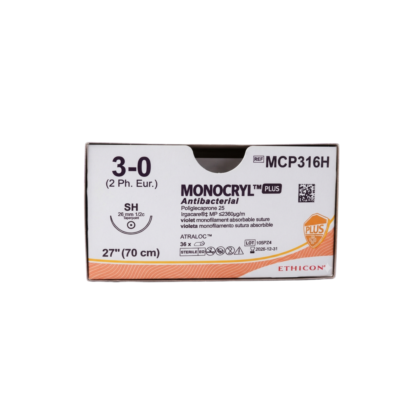 HILO MONOCRYL 3-0 AGUJA 1/2 CIRCULO AHUSADA REGULAR 26MM HEBRA DE 70 CM CAJA CON 36 PIEZAS