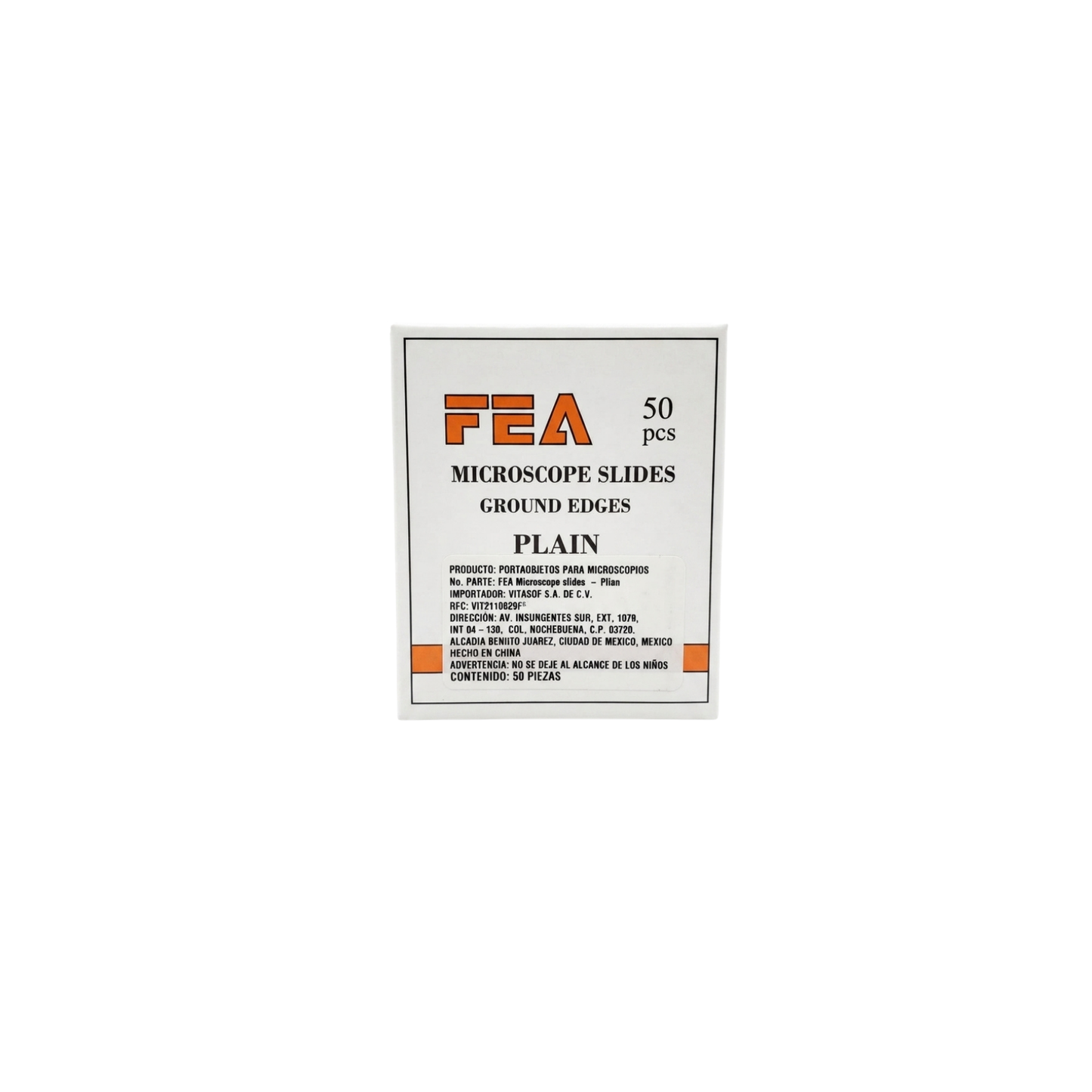 PORTA OBJETOS PARA MICROSCOPIO FEA TAMAÑO 1X3 GROSOR 1-1.2 CAJA CON 50 PIEZAS