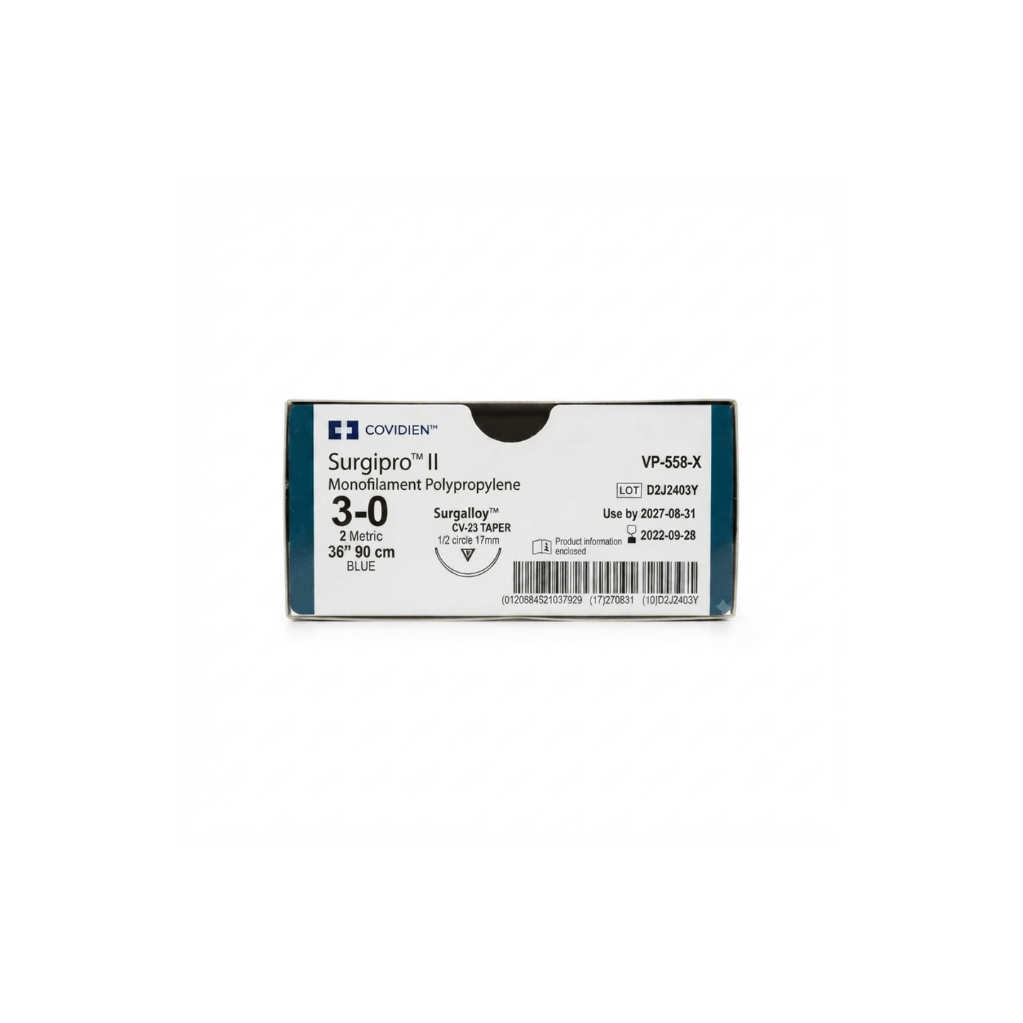 Hilo Polipropileno 3-0, Doble armado, Aguja 17 mm, Hebra 90 cm, Marca Covidien, Caja con 36 piezas