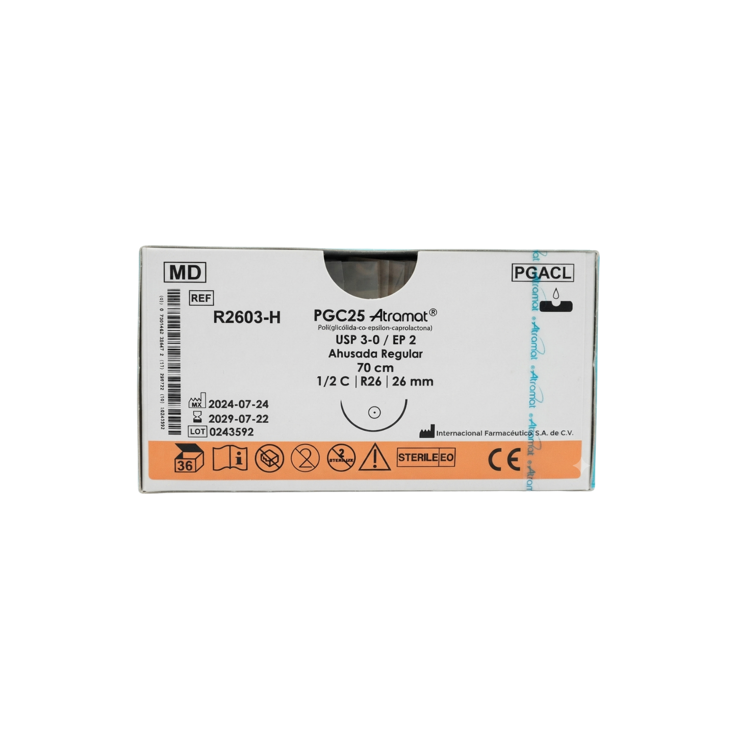 HILO PGC 25 ( POLIGLICOLIDA ) 3-0, AGUJA 1/2 CIRCULO AHUSADA 26 MM,HEBRA 70 CM, MARCA ATRAMAT,CAJA CON 36 PIEZAS