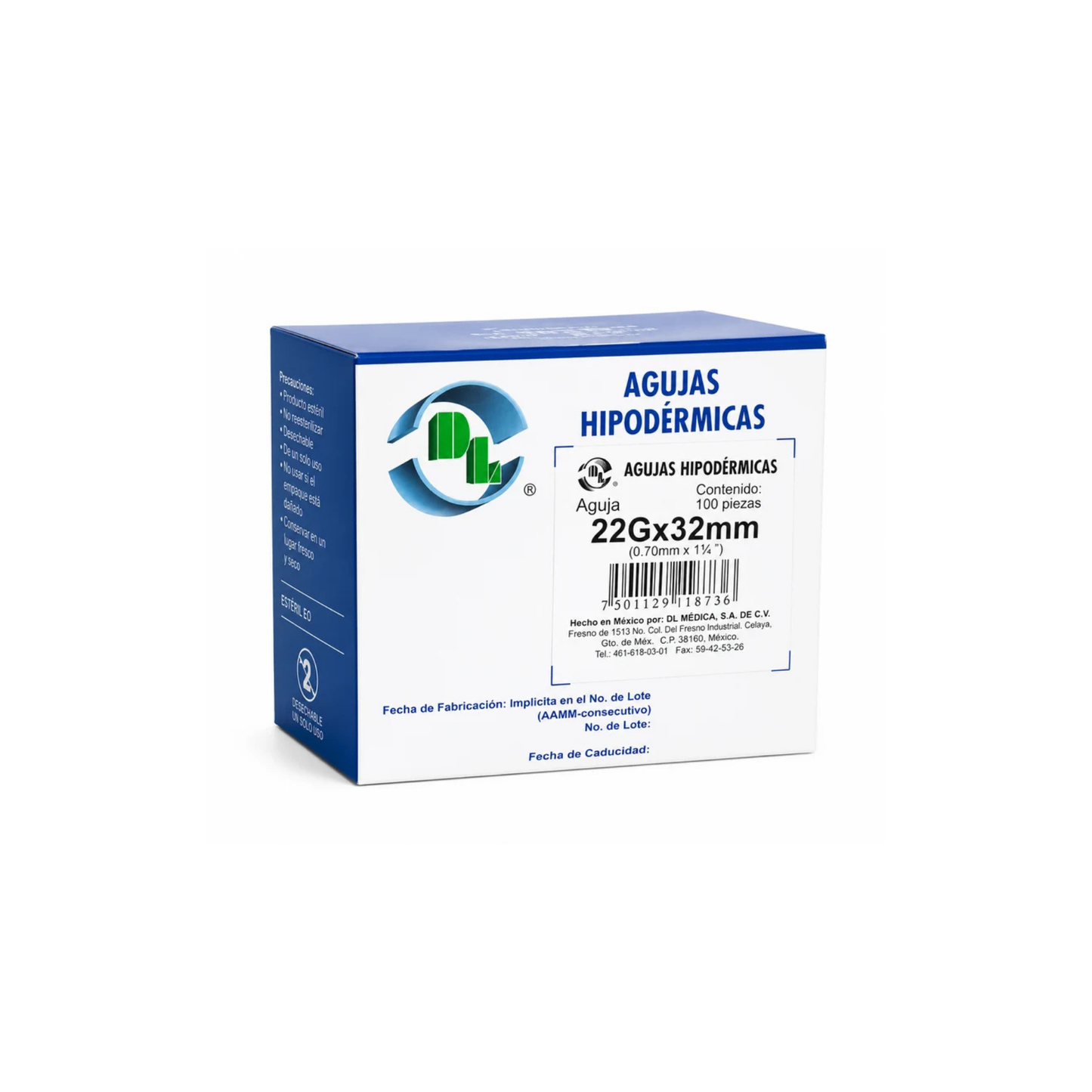 AGUJAS HIPODERMICAS CON PABELLON LUER-LOCK 22G X 32MM ESTERILES Y DESACHABLES MARCA DL CAJA CON 100 PIEZAS