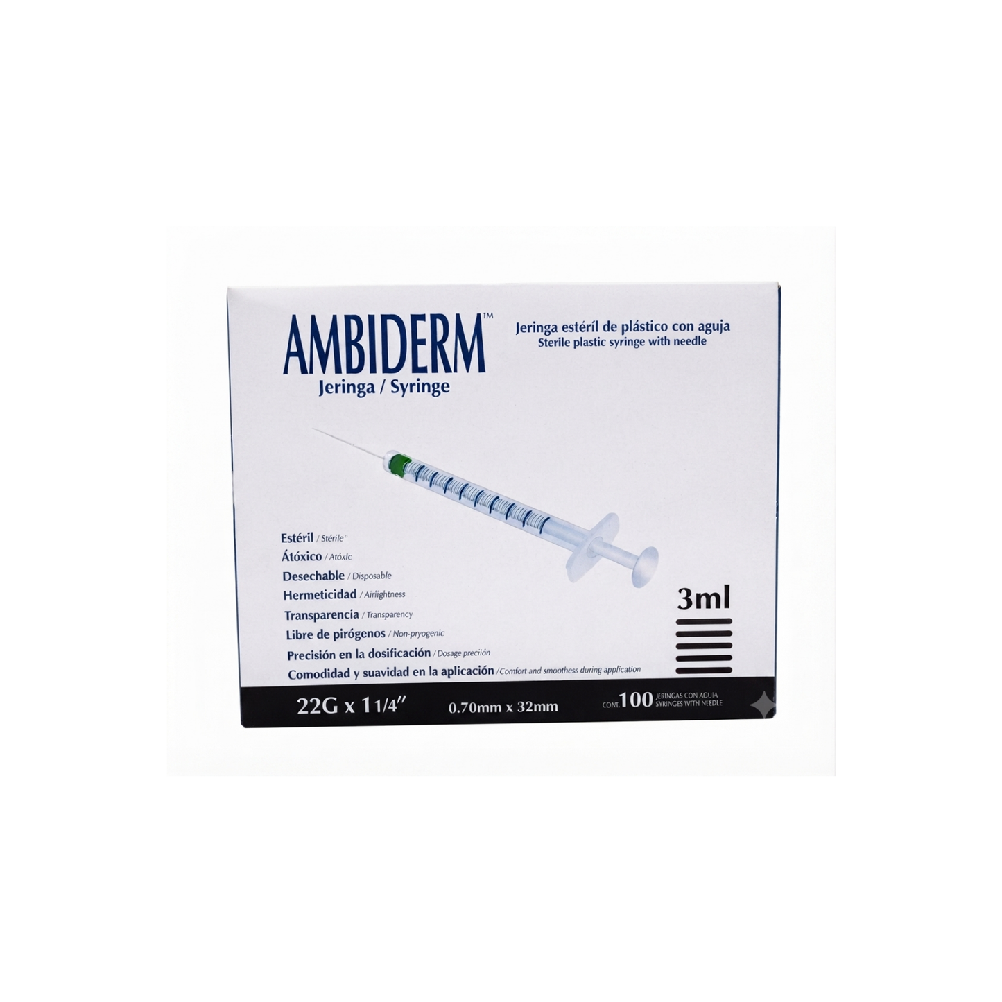 JERINGA DESECHABLE AMBIDERM 3ML CON AGUJA 22GX32MM CAJA CON 100 PIEZAS COLOR NEGRA