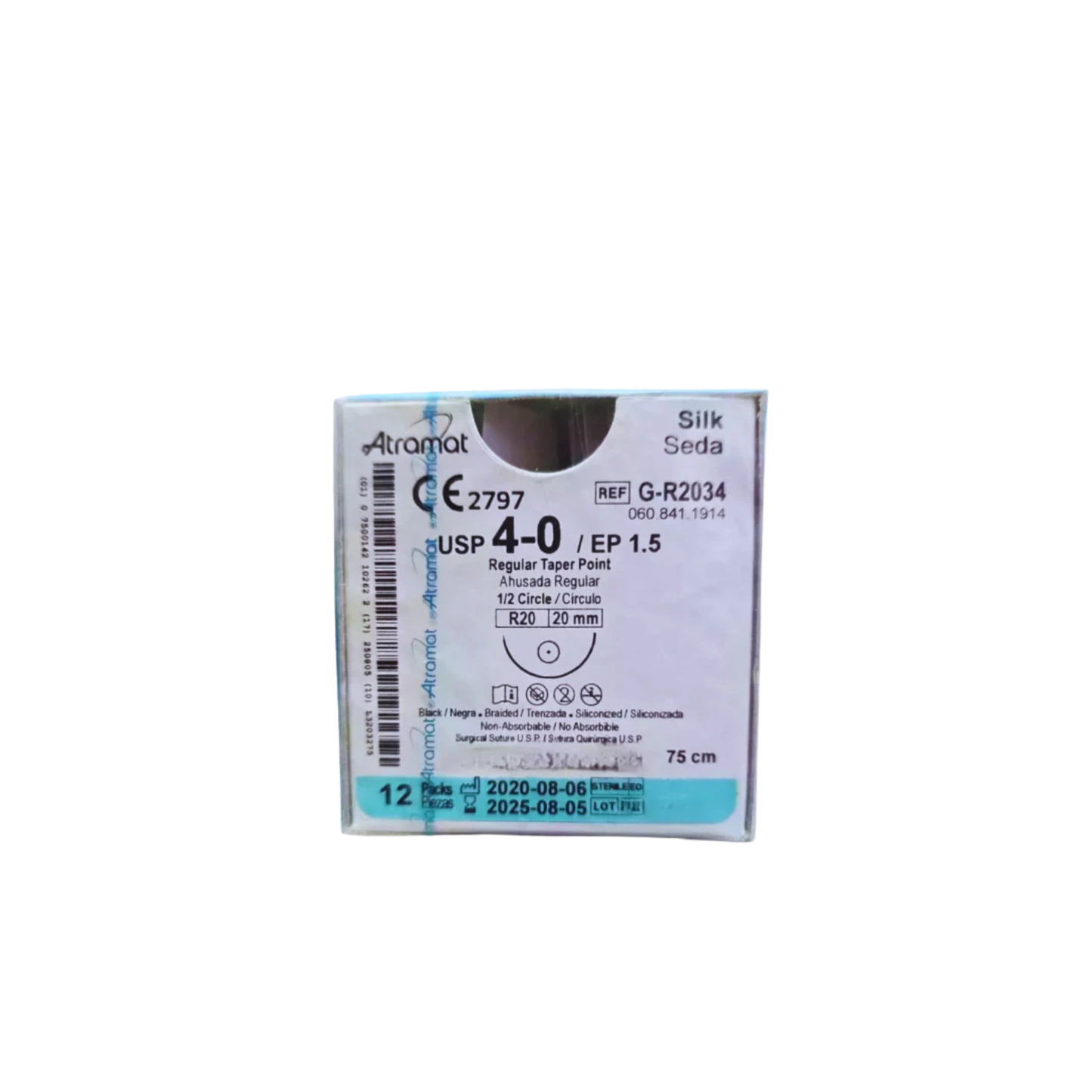 Hilo Seda 4-0, Aguja 1/2 círculo ahusada regular 20 mm, Hebra 75 cm, Marca Atramat, Caja con 12 piezas
