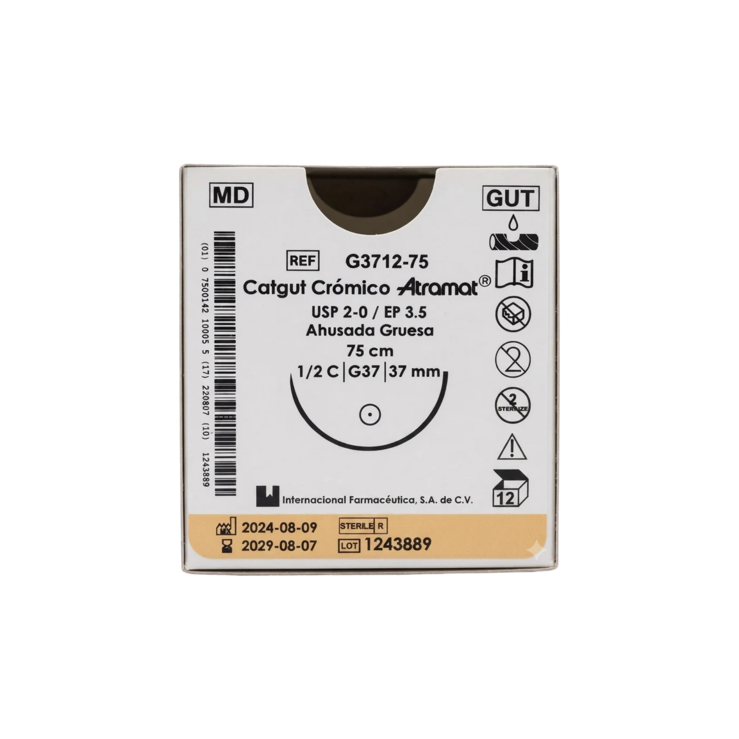 HILO CROMICO GUT 2-0 ATRAMAT CON AGUJA 1/2 CIRCULO AHUSADA GRUESA 37MM,HEBRA DE 75CM CAJA CON 12 PIEZAS PROMOCION
