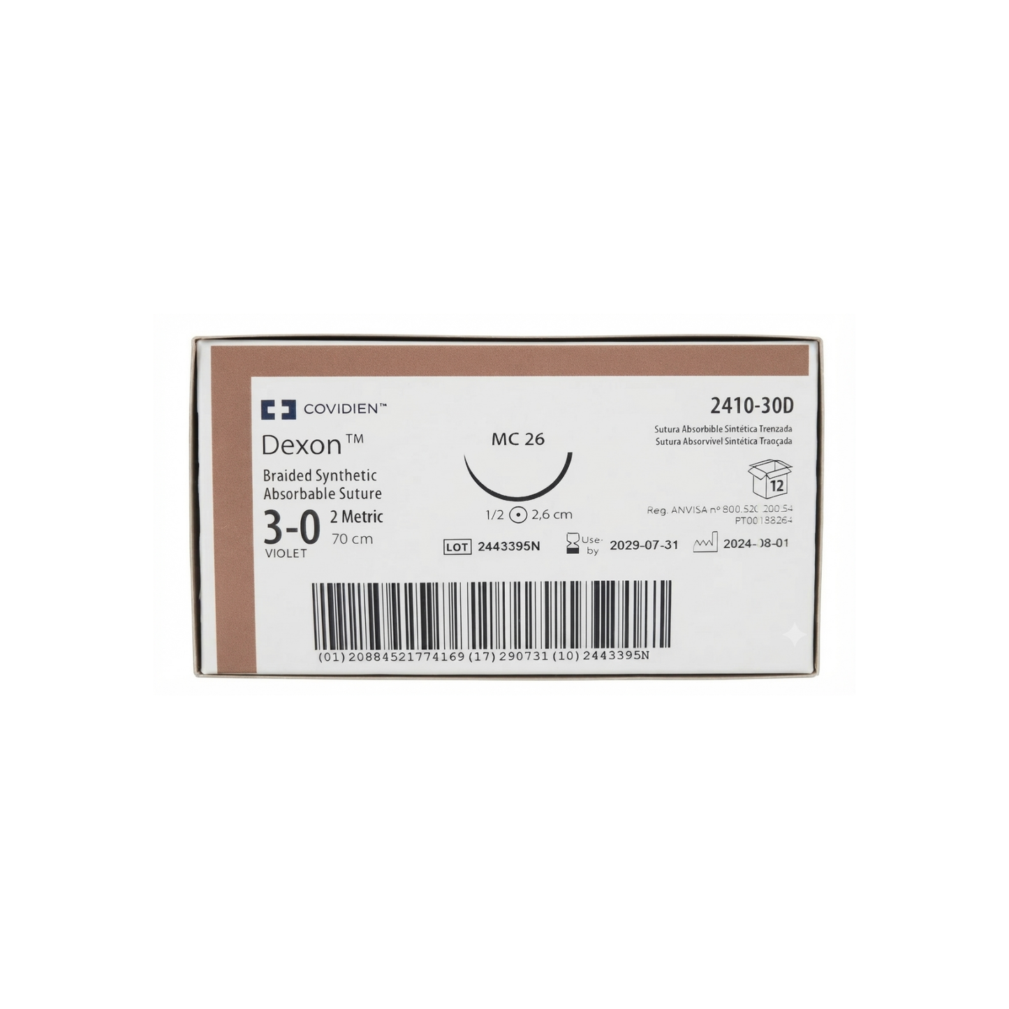 HILO DEXON COVIDIEN 3-0 AGUJA 1/2 CIRCULO 26MMX70CM CAJA CON 12 PIEZAS REF: 2410-30D
