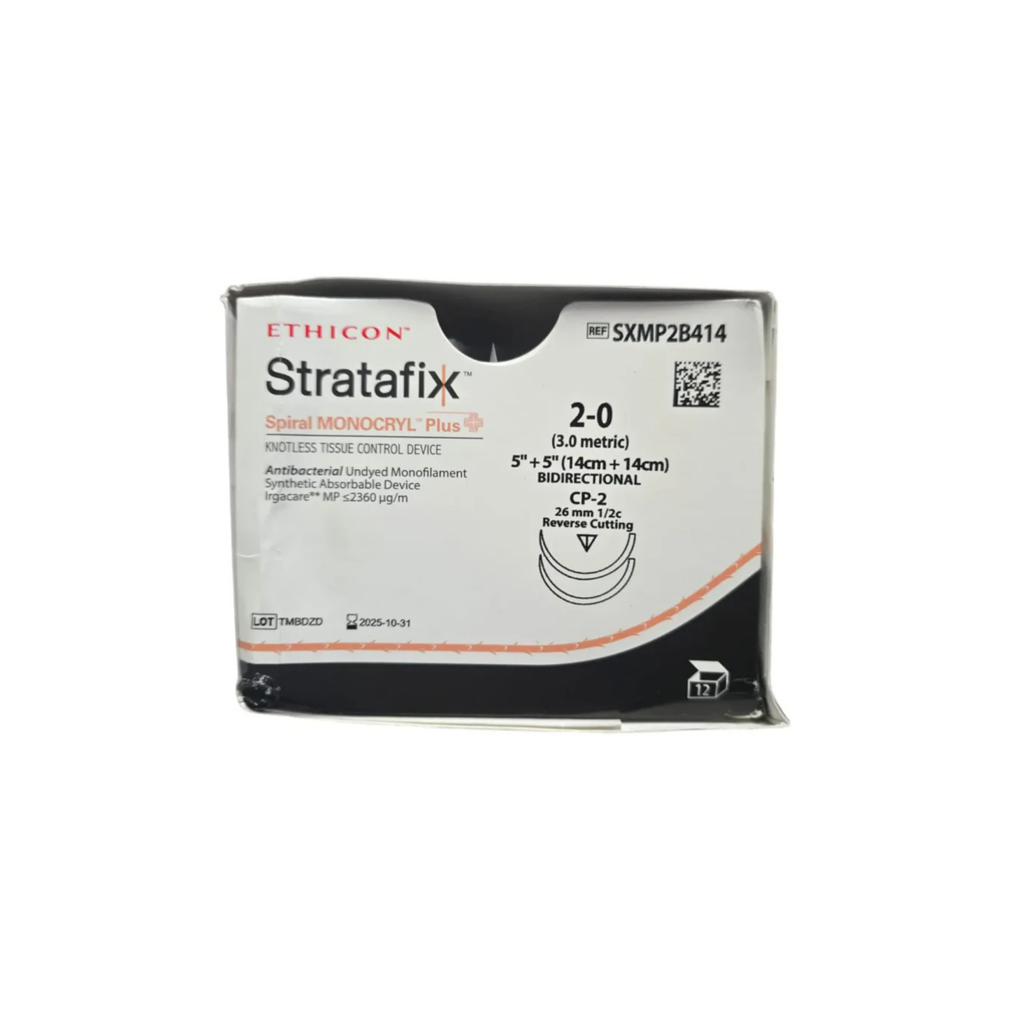 Hilo Stratafix 2-0, Espiral Monocryl Antibacterial, Aguja 1/2 círculo reverso cortante 26 mm, Caja con 12 piezas
