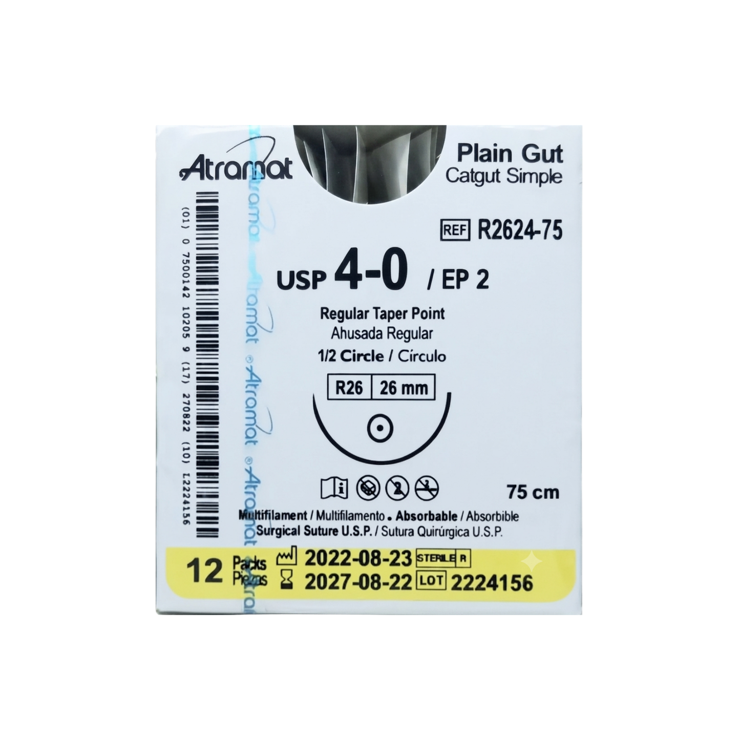 HILO CATGUT SIMPLE 4-0 ATRAMAT CON AGUJA 1/2 CIRCULO 26MM HEBRA DE 75CM CAJA CON 12 PIEZAS