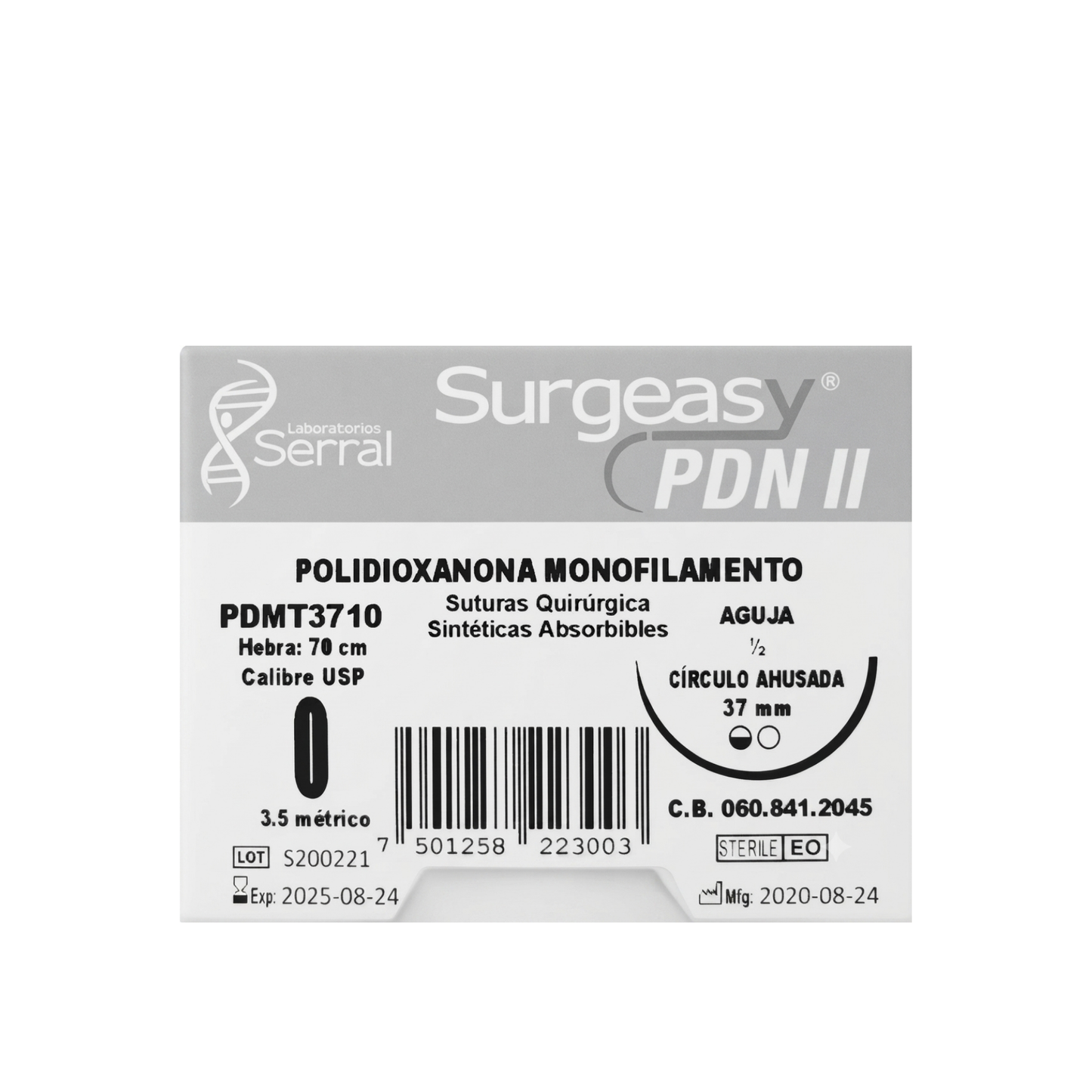 HILO POLIDIOXANONA SURGEASY CALIBRE 0, AGUJA 1/2 CIRCULO AHUSADA 37MM, HEBRA DE 70 CM, CAJA CON 12 PIEZAS