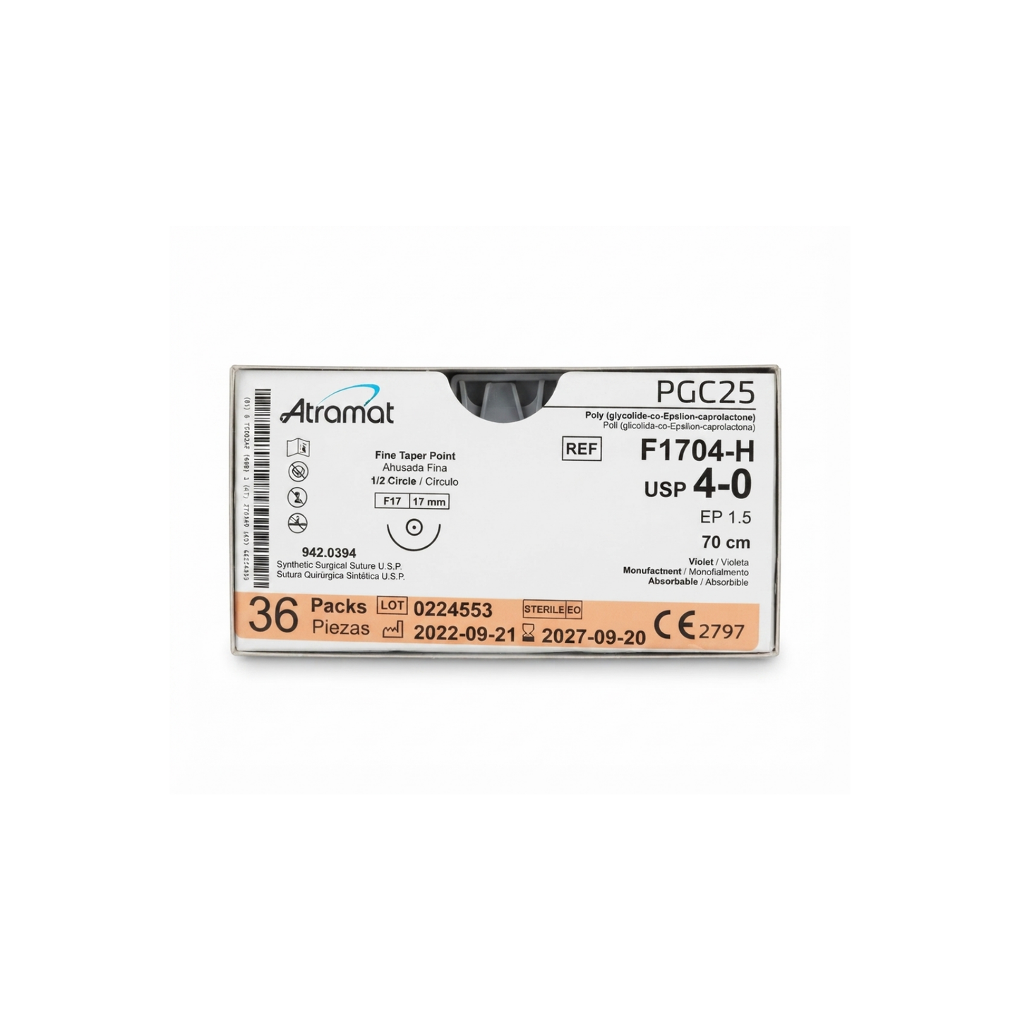 HILO PGC25 4-0, Aguja 1/2 círculo ahusada fina 17 mm, Hebra 70 cm, Marca Atramat, Caja con 36 piezas