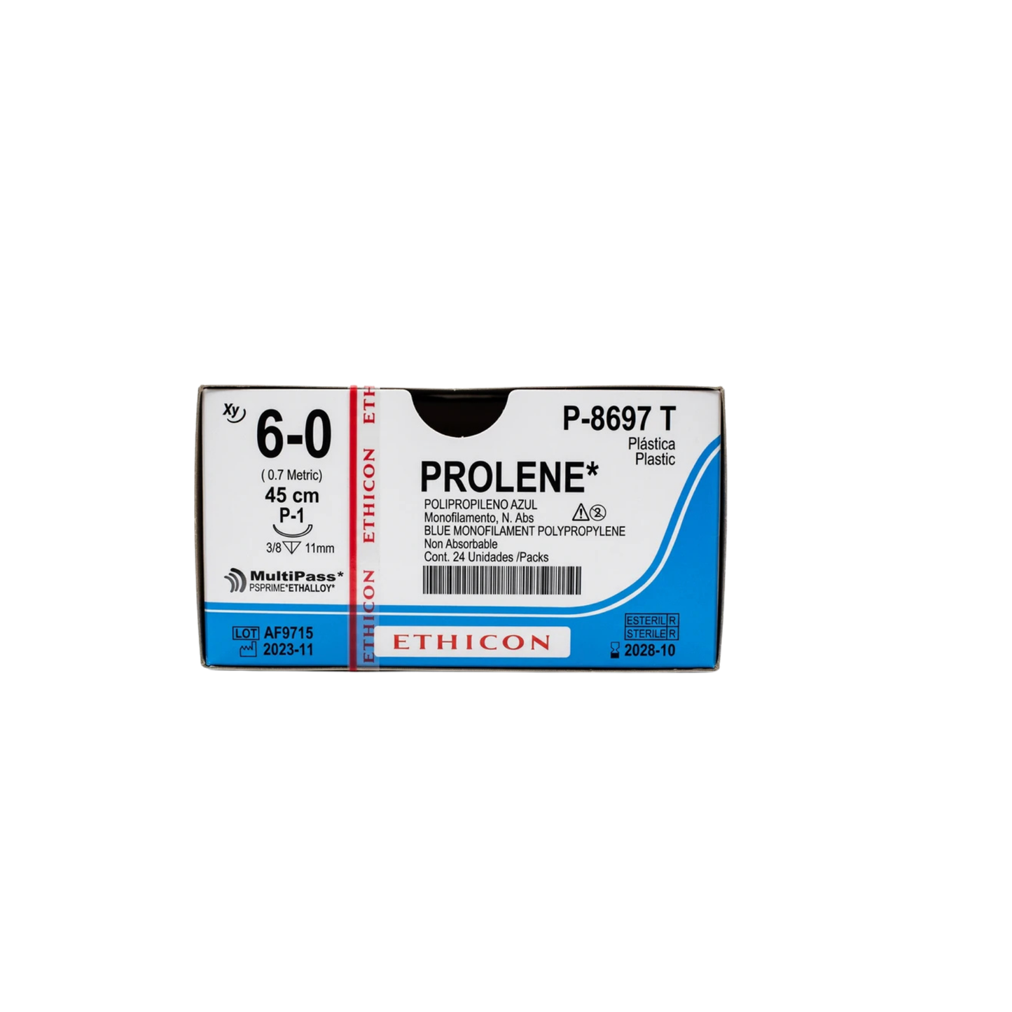 Hilo Polipropileno Azul 6-0, Aguja 3/8 círculo cortante 11 mm, Hebra 45 cm, Marca Ethicon, Caja con 24 piezas