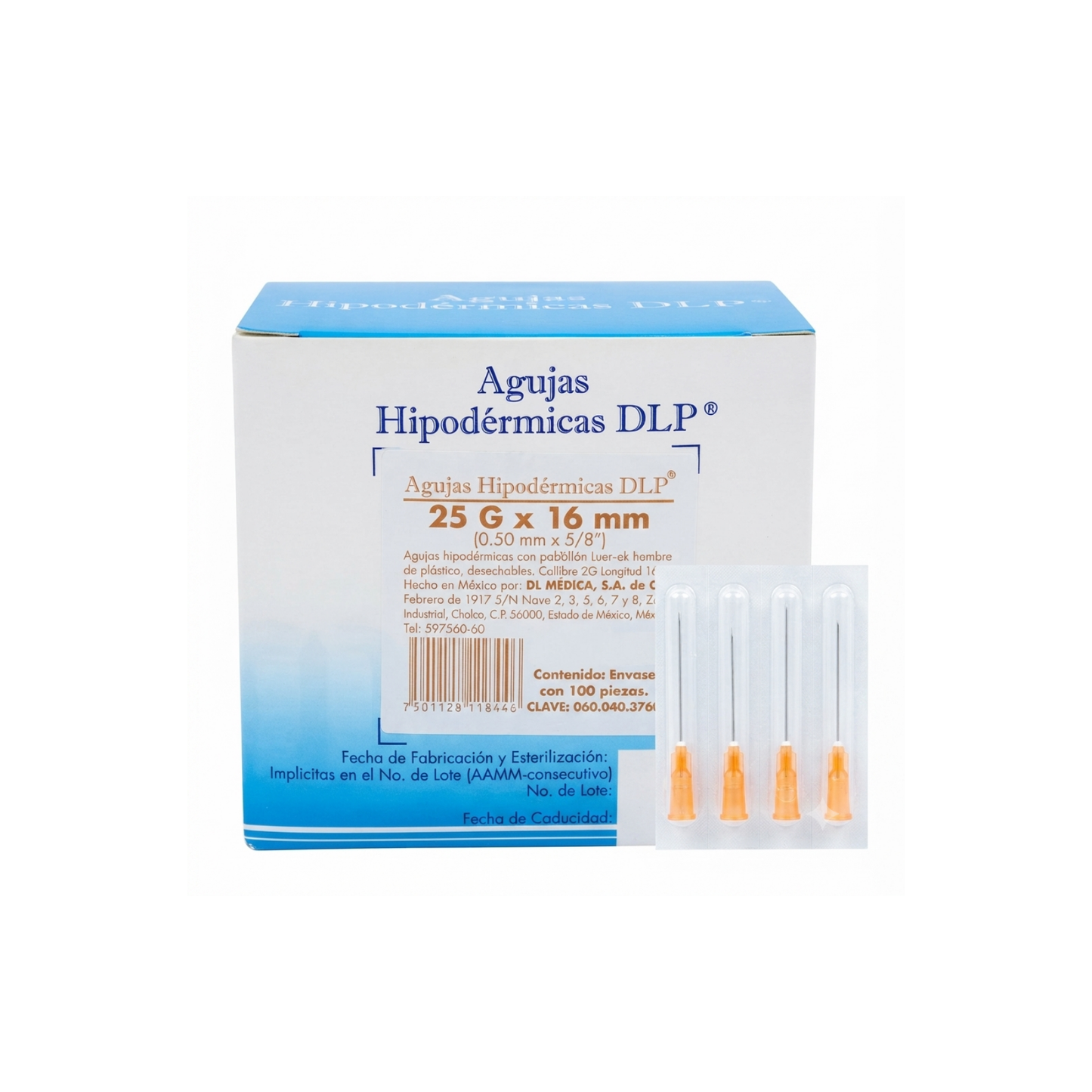 AGUJAS HIPODERMICAS CON PABELLON LUER-LOCK ESTERILES Y DESECHABLES 25G X 16MM MARCA DLP CAJA CON 100 PIEZAS