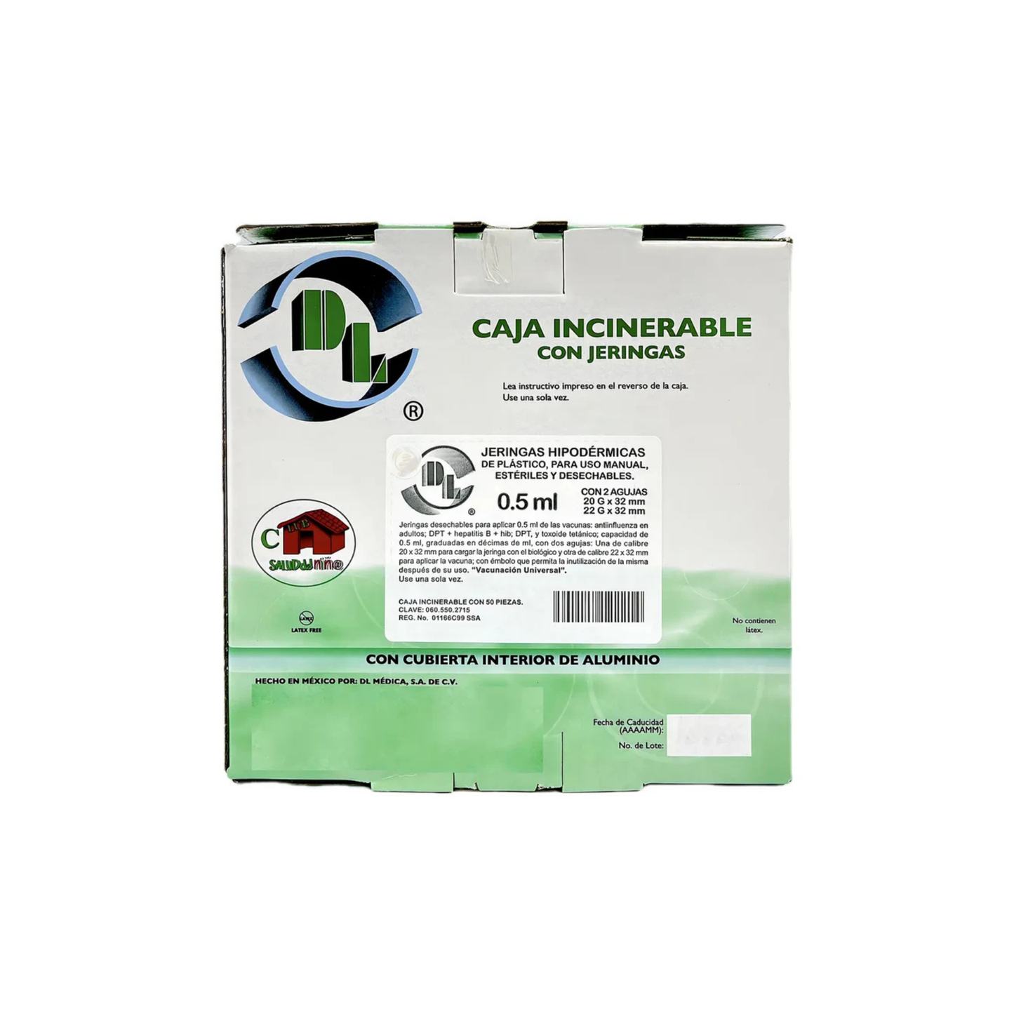 CAJA INCINERABLE CON JERINGAS 0.5 ML CON 2 AGUJAS 20G X 32MM Y 22G X 32MM 50 PZ