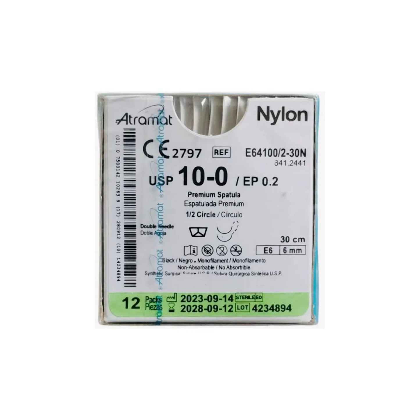Hilo Nylon 10-0, Doble aguja 1/2 círculo espatulada premium 6 mm, Hebra 30 cm, Marca Atramat, Caja con 12 piezas