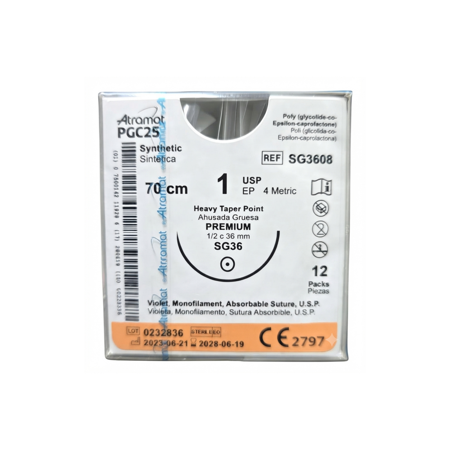 HILO ATRAMAT PGC25 1 AGUJA 1/2 CIRCULO AHUSADA GRUESA 36MM HEBRA DE 70 CM CAJA CON 12 PIEZAS