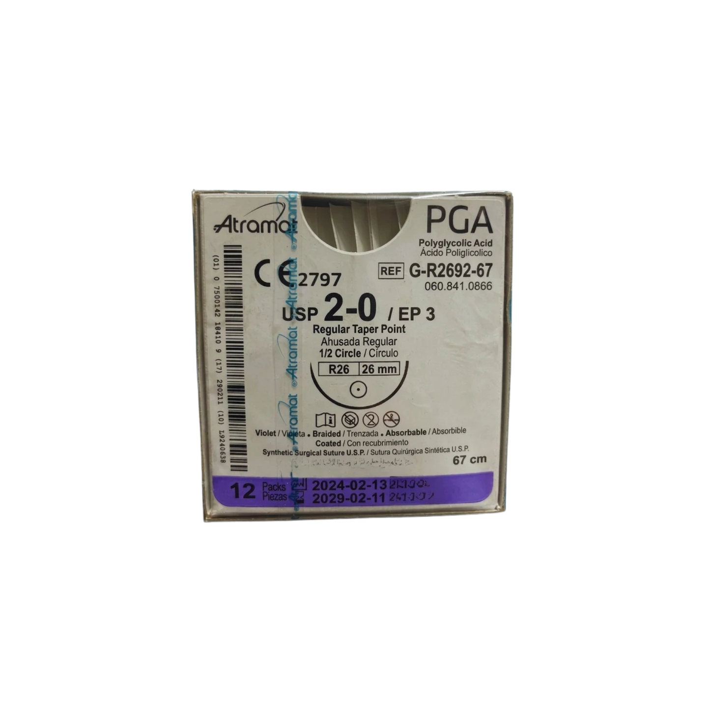 Hilo Ácido Poliglicólico 2-0, Aguja 1/2 círculo ahusada gruesa 26 mm, Hebra 67 cm, Marca Atramat, Caja con 12 piezas
