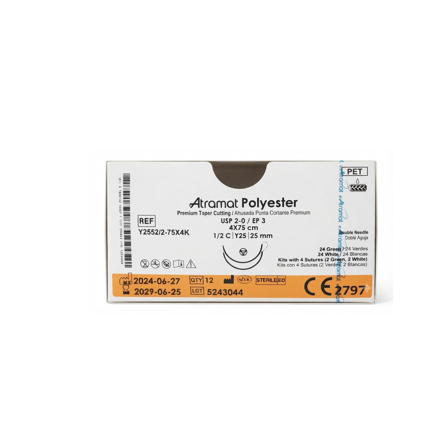 HILO POLIESTER (POLYESTER) ATRAMAT 2-0 CON DOBLE AGUJA AHUSADA PUNTA CORTANTE 25MM HEBRA DE 4X75 CM CAJA CON 12 KITS