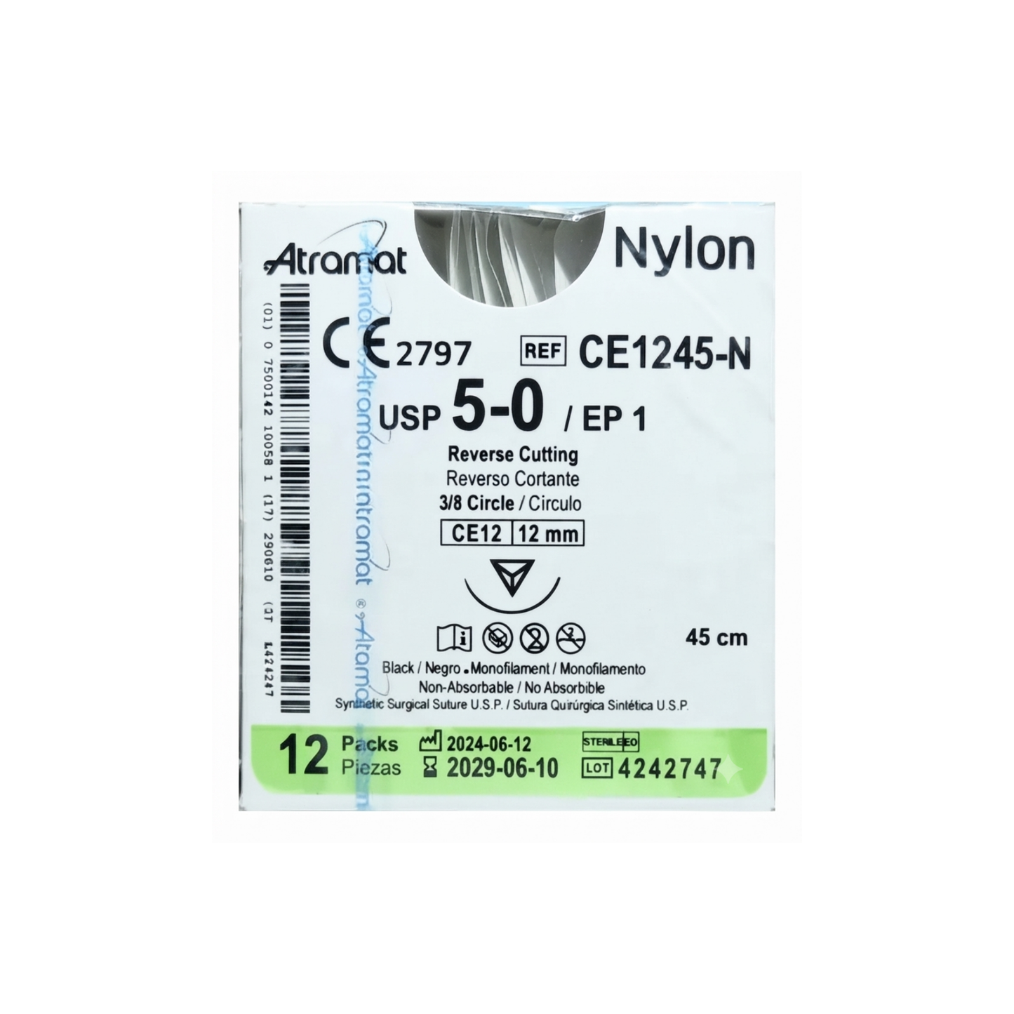Hilo Nylon 5-0, Aguja reverso cortante 3/8 de círculo 12 mm, Hebra 45 cm, Marca Atramat, Caja con 12 piezas
