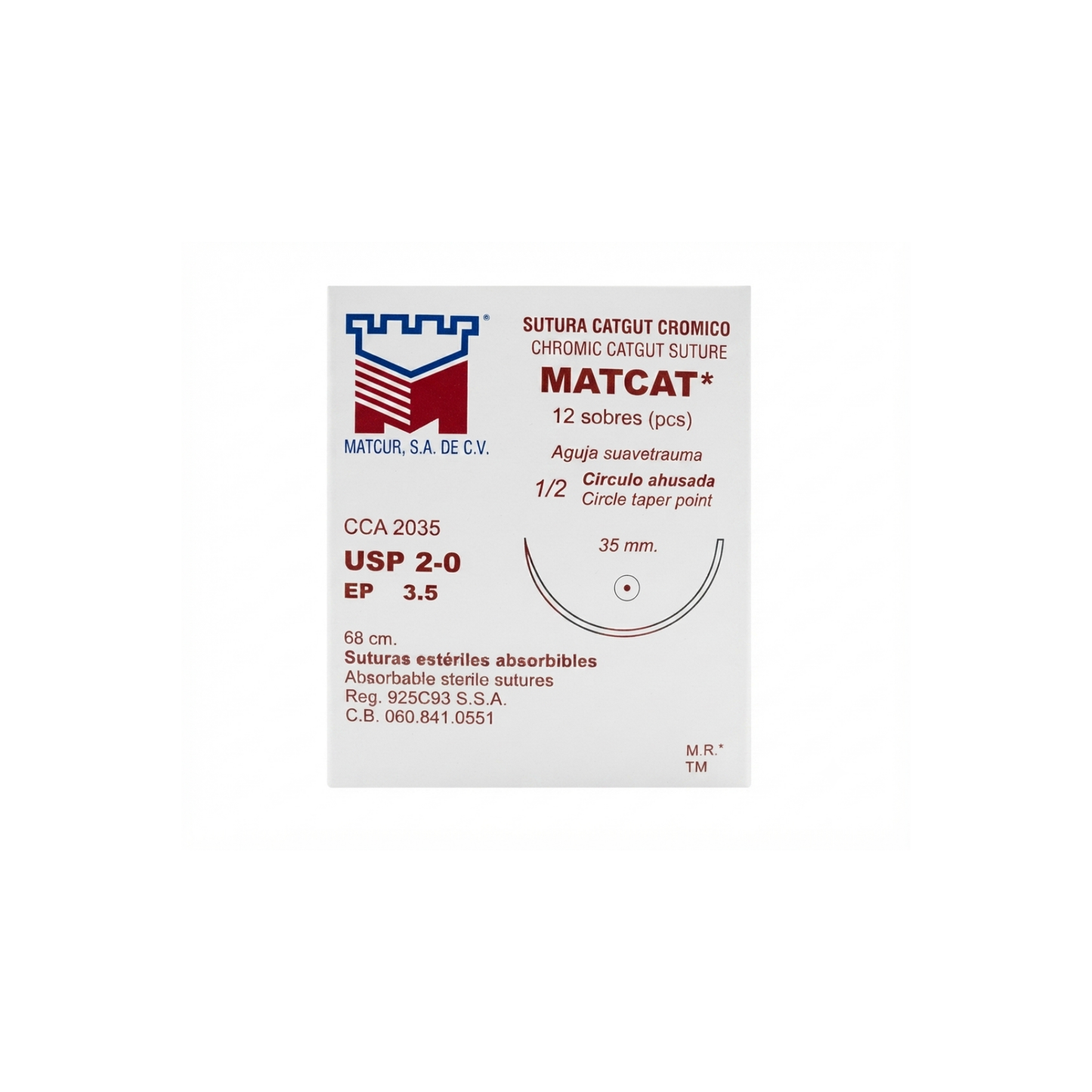 Hilo Catgut Crómico 2-0, Aguja 1/2 círculo ahusada 35mm, Hebra 68 cm, Marca Matcur, Caja con 12 piezas