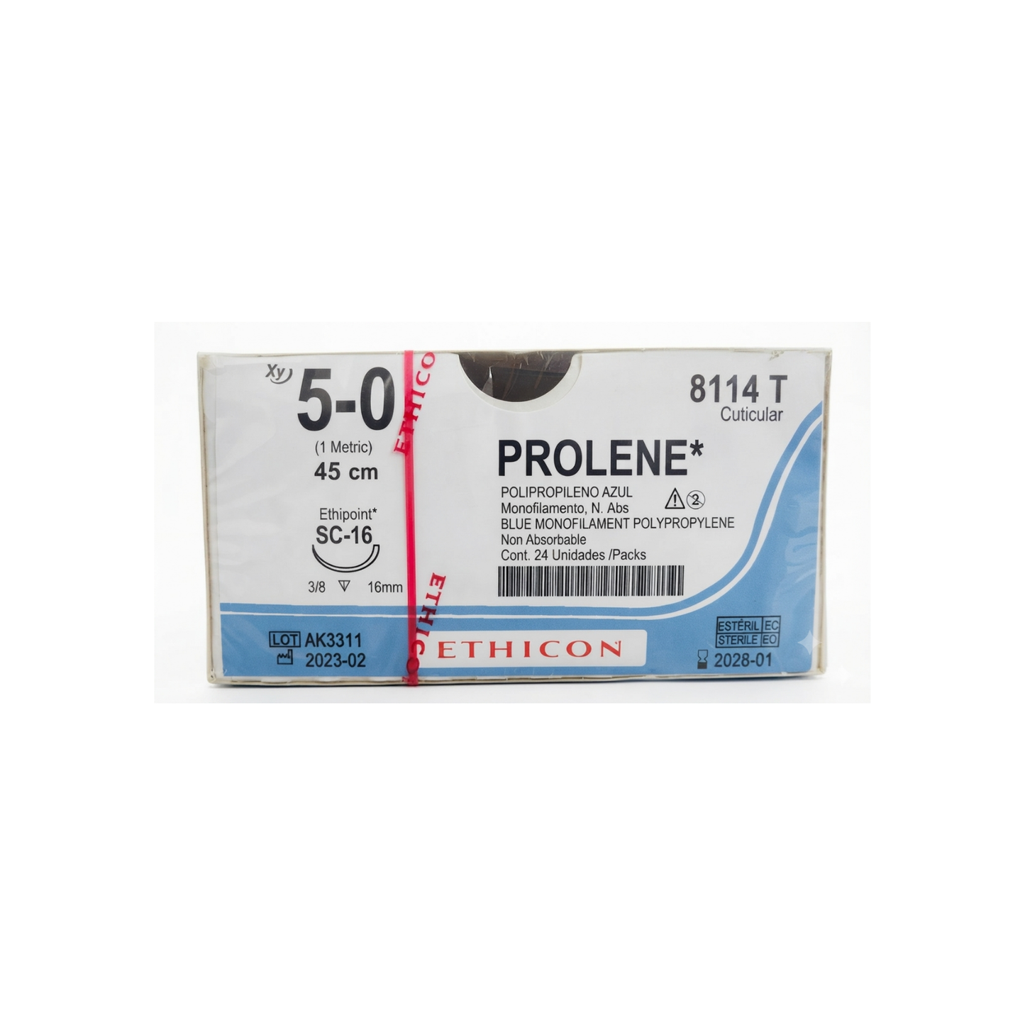 Hilo Polipropileno prolene 5-0, Aguja 3/8 círculo cortante 16 mm, Hebra 45 cm, Marca Ethicon, Caja con 24 piezas