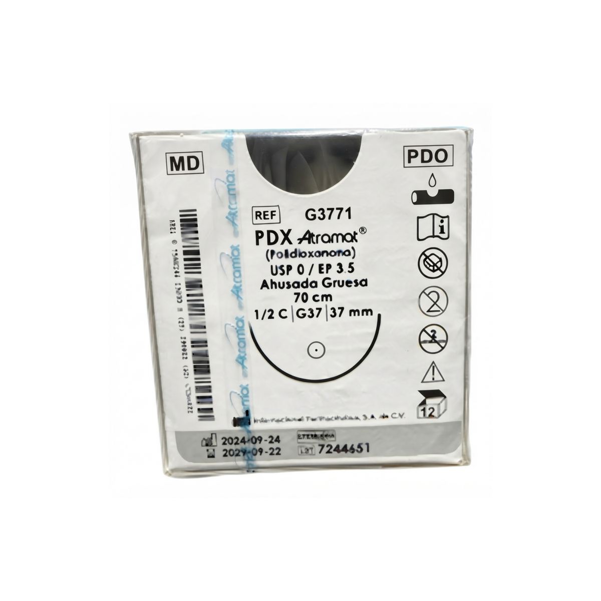 Hilo PDX (Polidioxanona) Calibre 0, 37mm,70 cm, 12 pz, Ahusada gruesa. Atramat