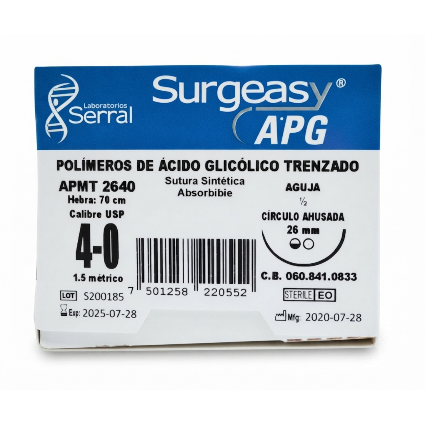 Hilo Ácido Poliglicólico 4-0, Aguja 1/2 círculo ahusada 26 mm, Hebra 70 cm, Marca Surgeasy, Caja con 12 piezas