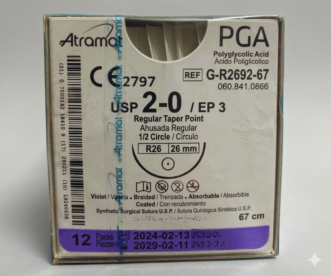 Sutura Ácido Poliglicólico 2-0, Aguja 1/2 círculo ahusada gruesa 26 mm, Hebra 67 cm, Marca Atramat, Caja con 12 piezas