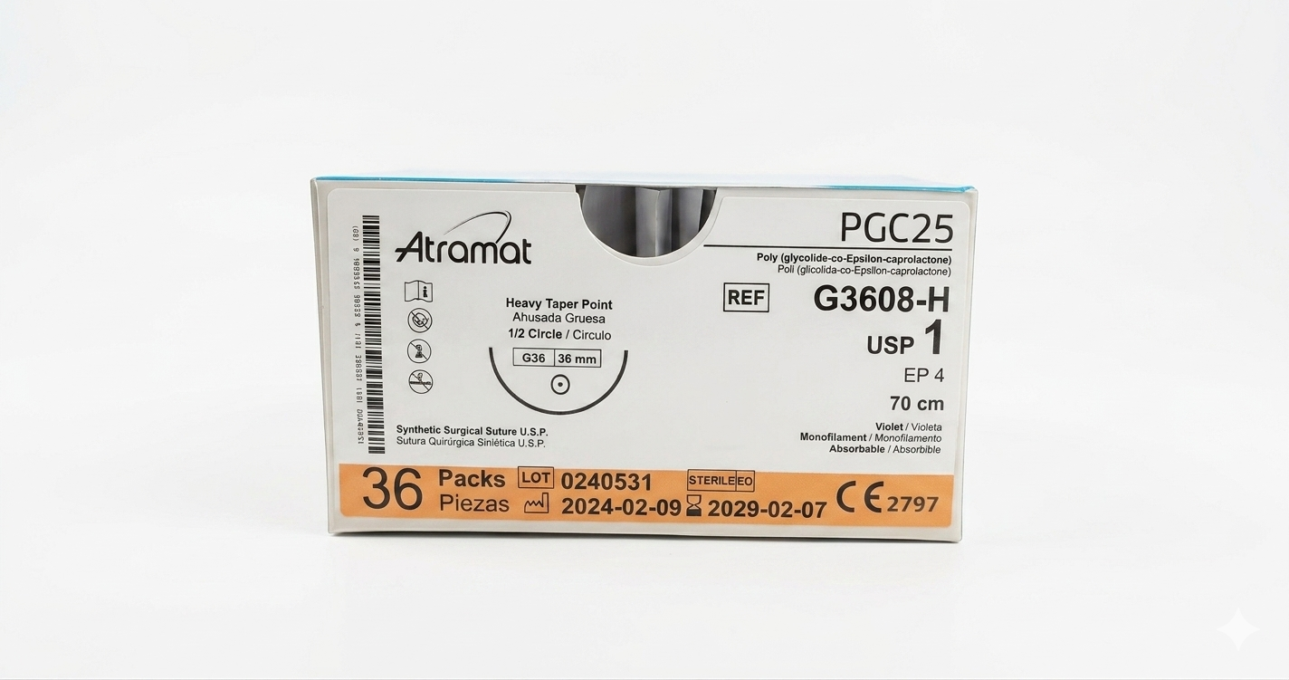 Sutura PGC25 1, Aguja ahusada gruesa 1/2 círculo 36 mm, Hebra 70 cm, Marca Atramat, Caja con 36 piezas