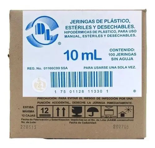 JERINGA DL 10 ML SIN AGUJA CAJA CON 100 PIEZAS