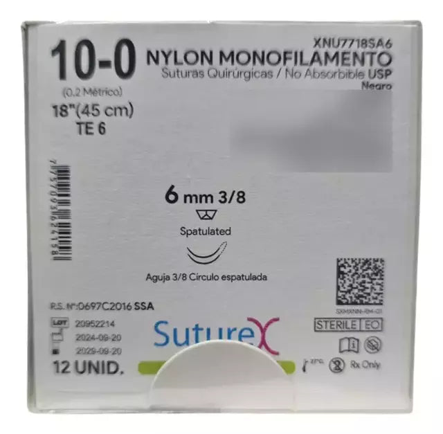 Sutura Nylon 10-0, Doble aguja 3/8 círculo espatulada 6 mm, Hebra 45 cm, Marca Suturex, Caja con 12 piezas