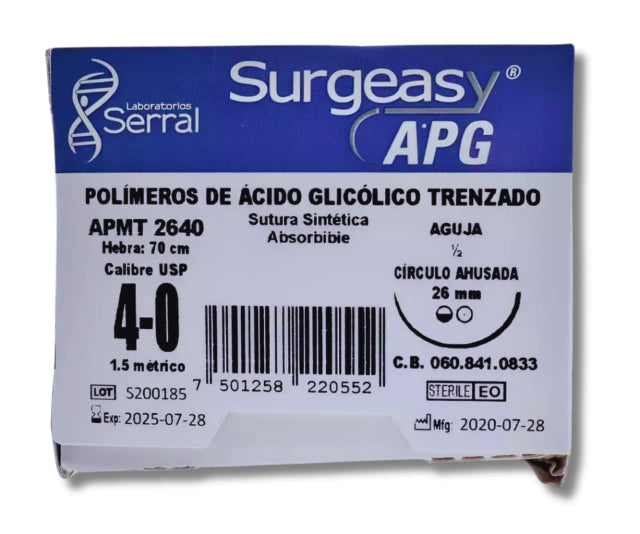 Sutura Ácido Poliglicólico 4-0, Aguja 1/2 círculo ahusada 26 mm, Hebra 70 cm, Marca Surgeasy, Caja con 12 piezas
