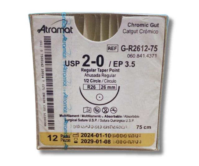 Sutura Catgut Crómico 2-0, Aguja 1/2 círculo ahusada regular 26 mm, Hebra 75 cm, Marca Atramat, Caja con 12 piezas