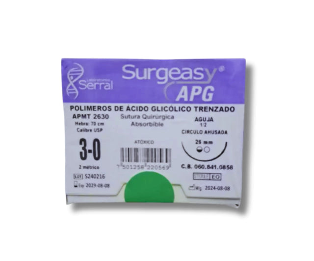 Sutura Ácido Poliglicólico 3-0, Aguja 1/2 círculo ahusada 26 mm, Hebra 70 cm, Marca Surgeasy, Caja con 12 piezas