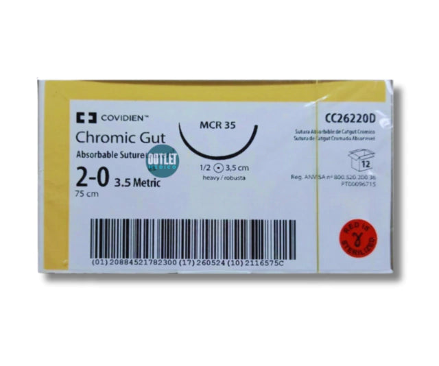 Sutura Catgut Crómico 2-0, Aguja ahusada gruesa 35 mm, Hebra 75 cm, Marca Covidien, Caja con 12 piezas