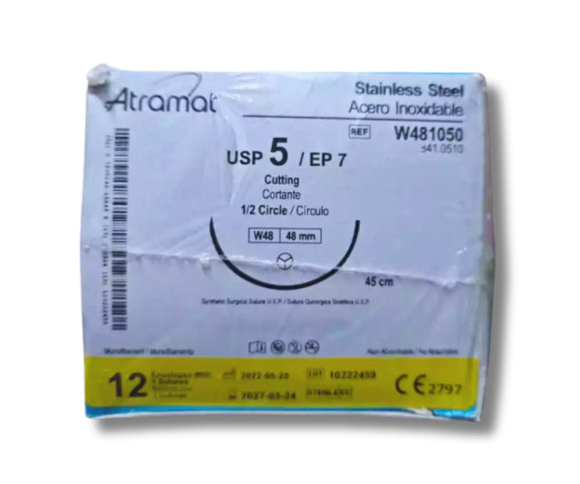 Sutura Acero inoxidable 5, Aguja 1/2 círculo redonda punta cortante 48 mm, Hebra 45 cm, Marca Atramat, Caja con 12 piezas