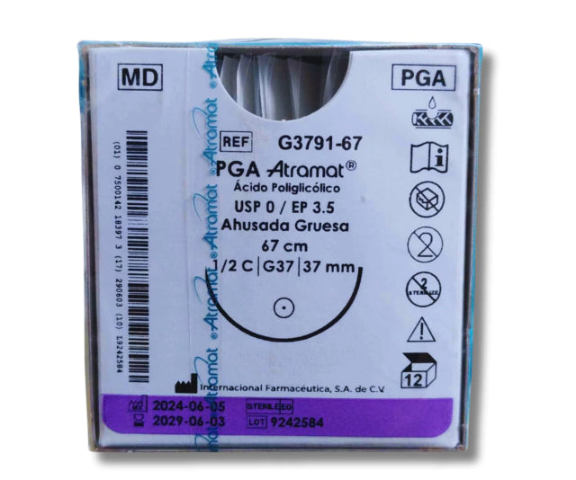 Sutura Ácido Poliglicólico 0, Aguja 1/2 círculo ahusada gruesa 37 mm, Hebra 67 cm, Marca Atramat, Caja con 12 piezas