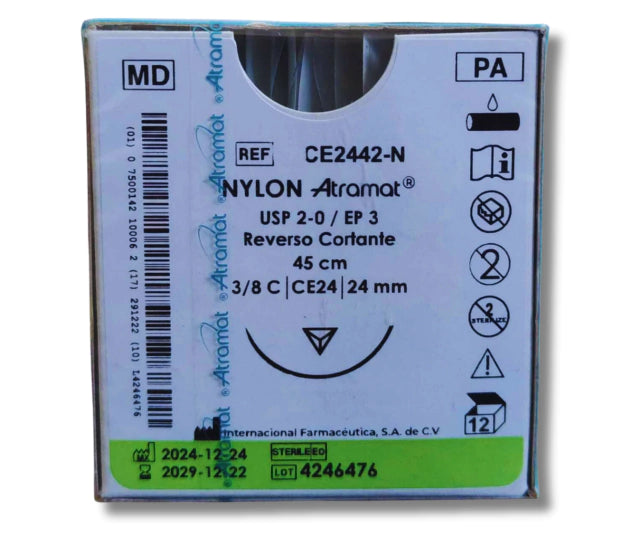 Sutura Nylon 2-0, Aguja 3/8 círculo reverso cortante 24 mm, Hebra 45 cm, Marca Atramat, Caja con 12 piezas