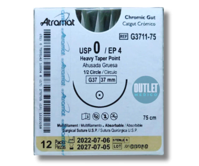 Sutura Catgut Crómico 0, Aguja 1/2 círculo ahusada gruesa 37 mm, Hebra 75 cm, Marca Atramat, Caja con 12 piezas