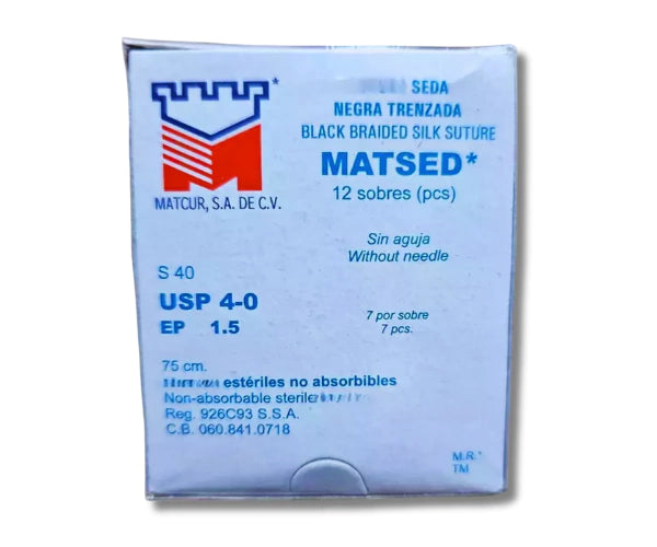 Sutura Seda Negra 4-0, Sin aguja, Hebra 75 cm, Marca Matcur, Caja con 12 piezas